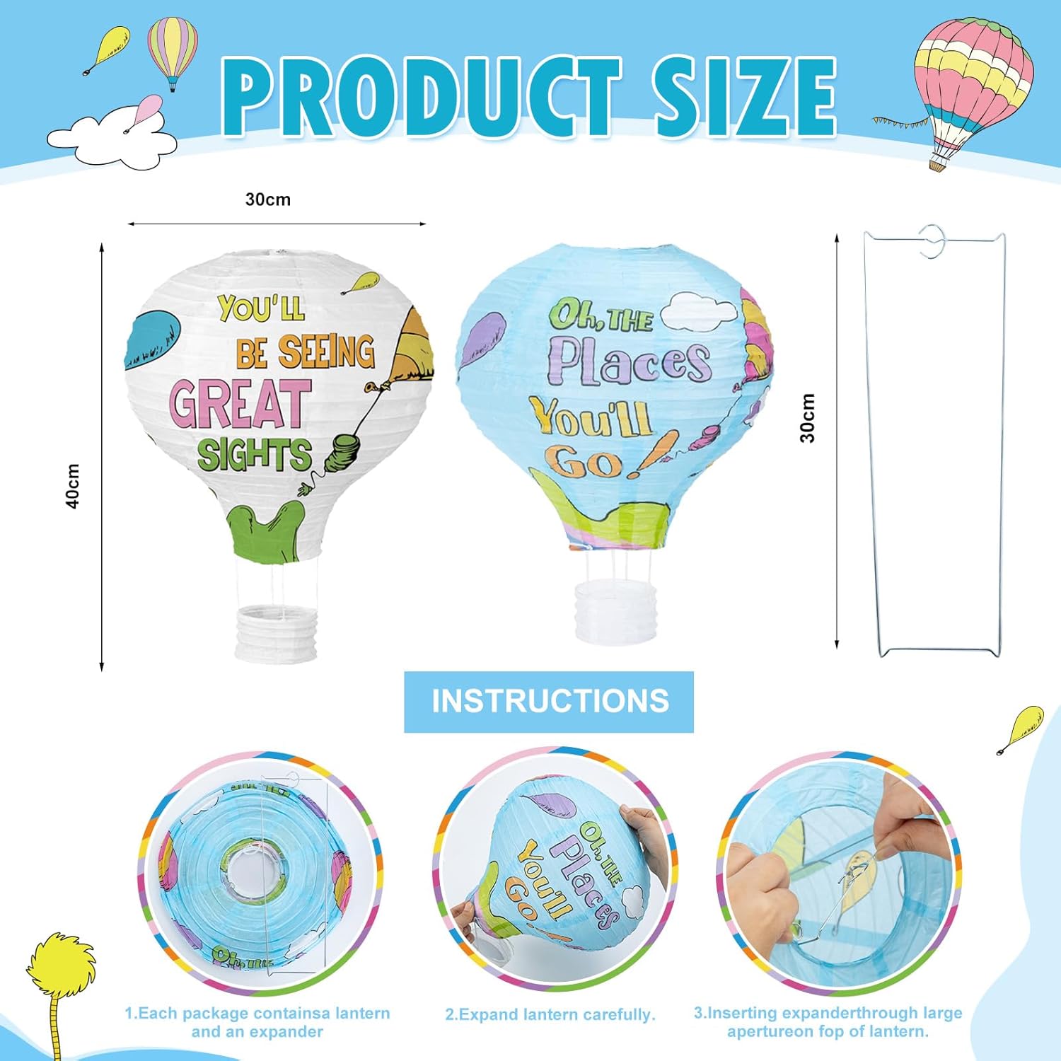8 PCS Oh The Places You' ll Go Hot Air Balloon Paper Lanterns 12 Inch Graduation Hot Air Balloon Hanging Lanterns for Kindergarten Preschool Graduation Baby Shower Party Decor