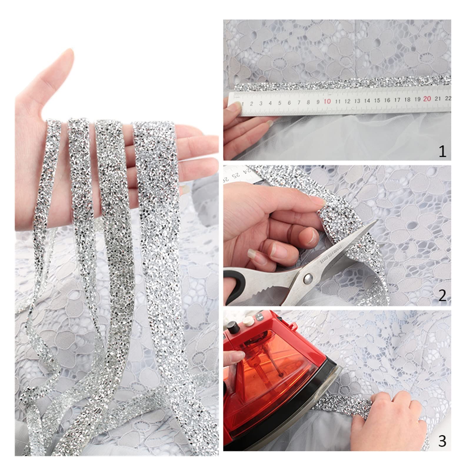 3 Rouleaux Ruban Strass Vert 4,4 M X 11,9 Cm - 24 Rangées, Maille Flexible - Avec Ciseaux Pour DIY