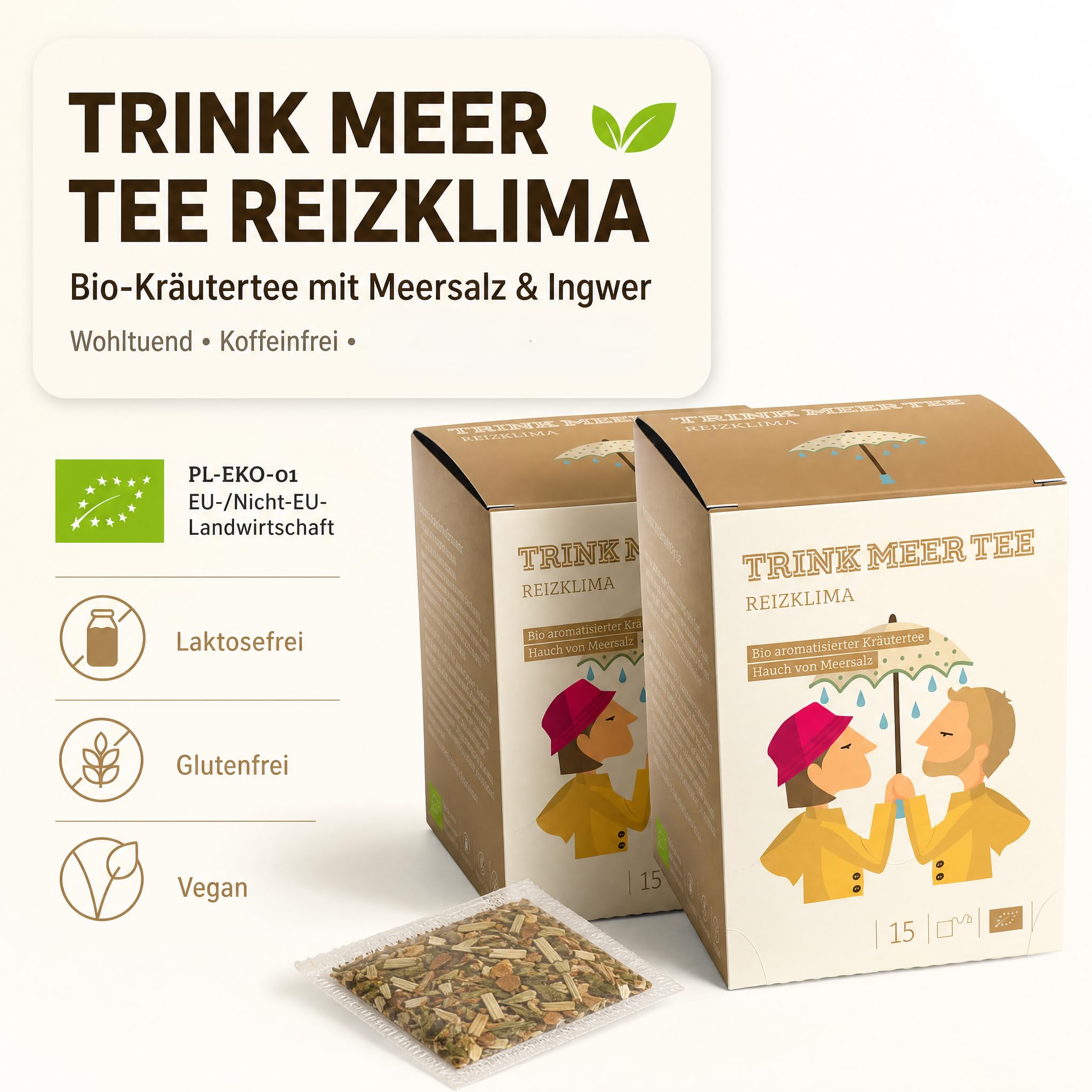 6 x TRINK MEER TEE REIZKLIMA Premium Kräutertee, mit Meersalz und Ingwer, vegan, glutenfrei, laktosefrei, handgenähte Kissenteebeutel, maritimes Design