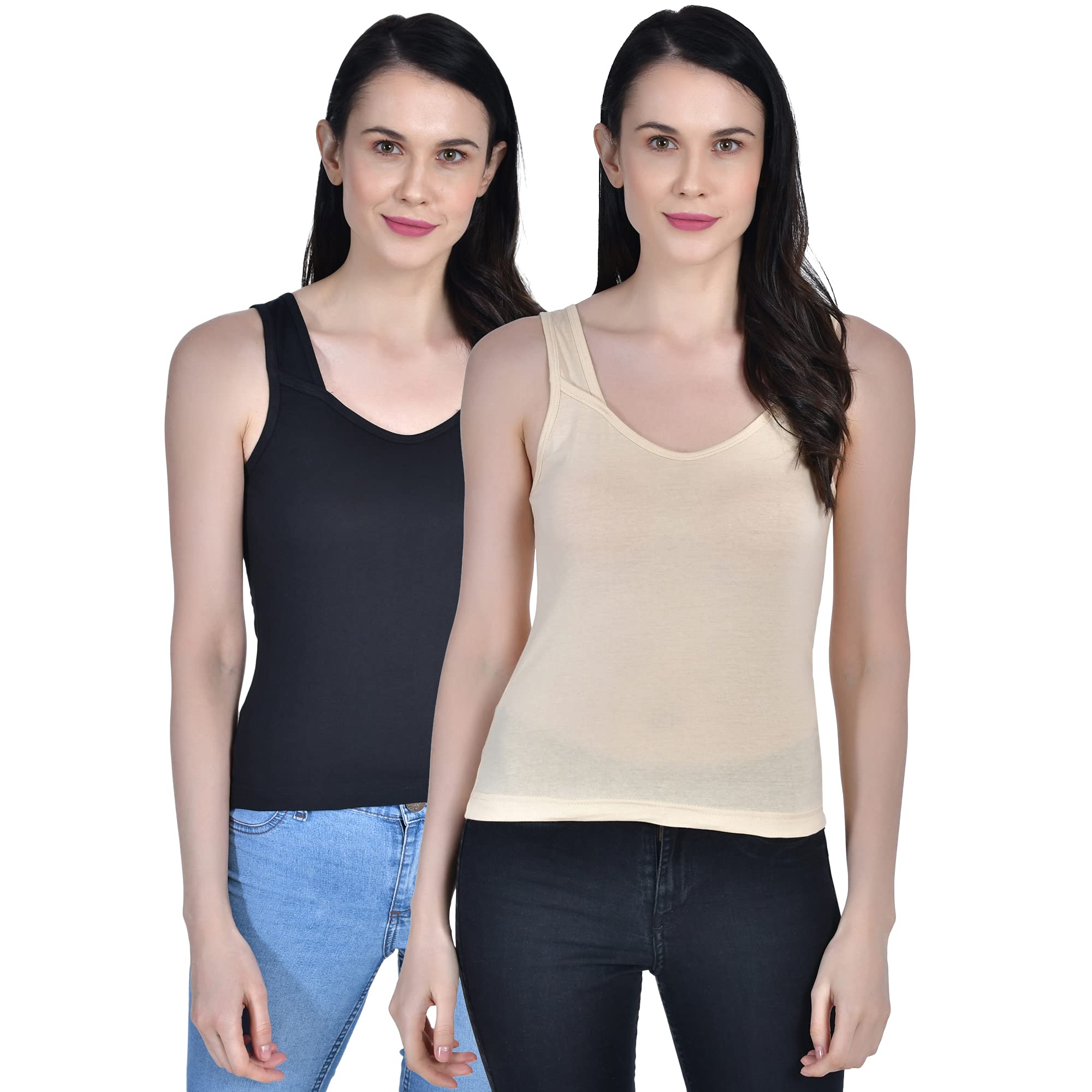 AimlyWomen's Regular Fit Sleeveless Cotton Camisole Slip Spaghetti | Combo Pack of 2