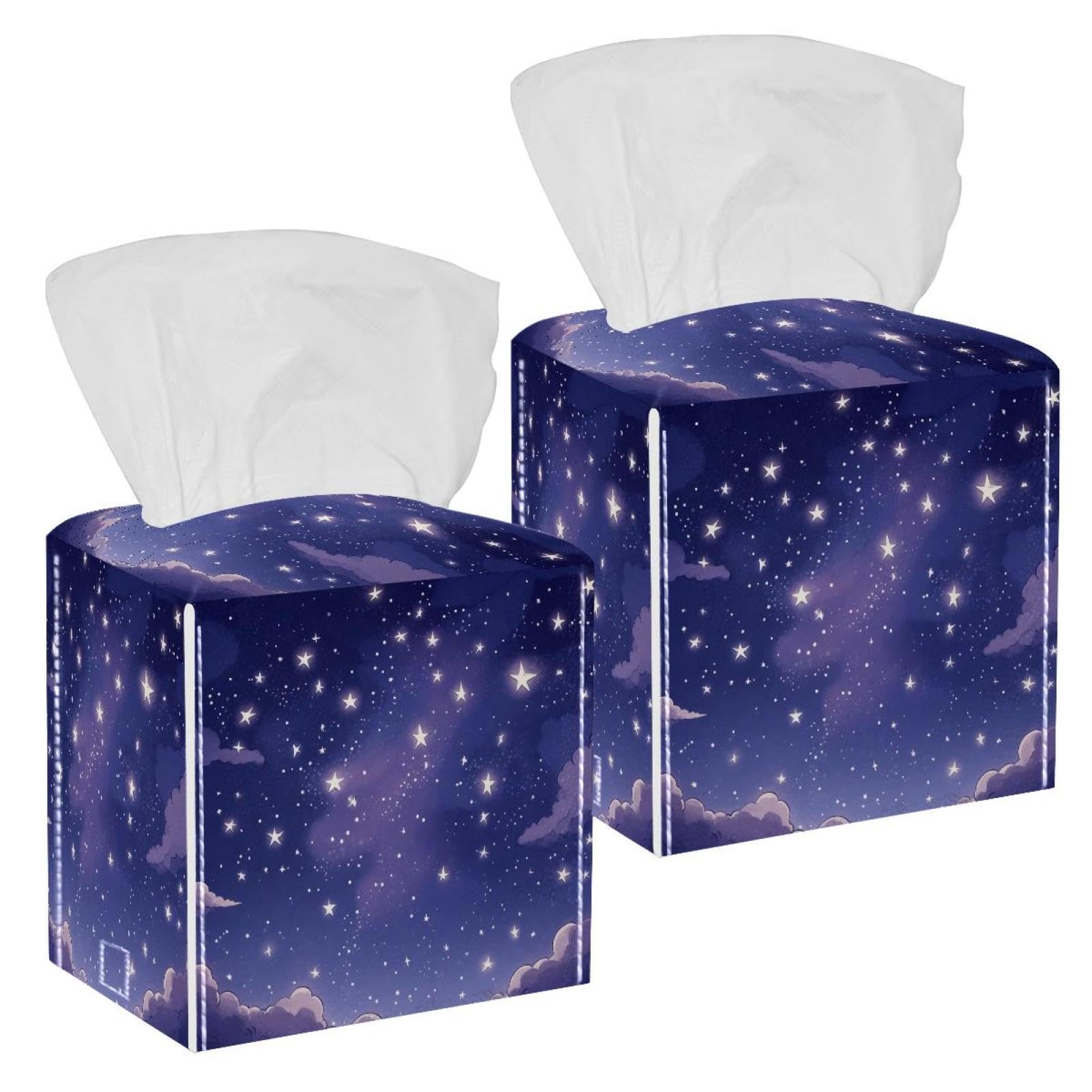 Purple Starry Sky Tissue Box Cover, 2 Pack PU Leather Square Facial Tissue Dispenser Box holder for Home Office Car