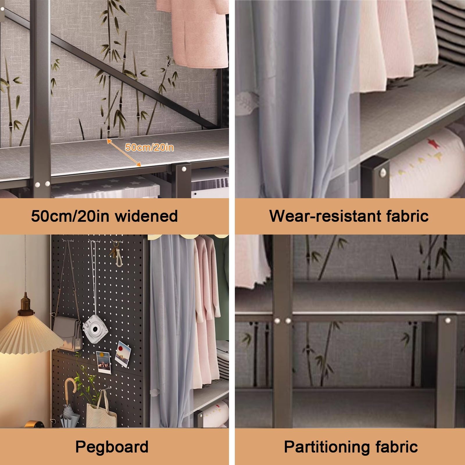 Faltschrank, Stoffkleiderschrank, Robuster Kleiderschrank mit Perforierten Paneelen, Freistehender Garderobenschrank, für Schlafzimmer(Black,130cm/51in)