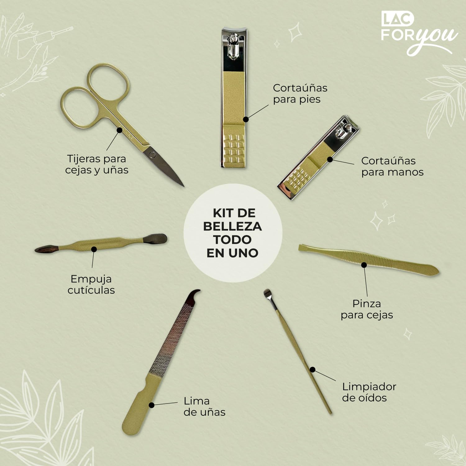 LAC FOR YOU Kit Manicura 7 Piezas – Set de Manicura y Pedicura Profesional Hombres y Mujeres, nail kit Estuche de Viaje – Verde | Kit profesional para uñas y pedicura, juego de viaje