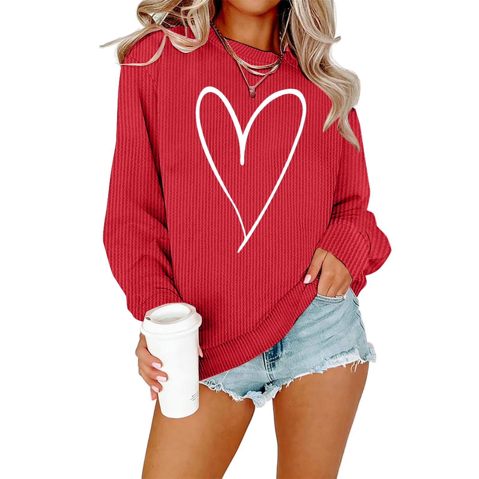 Valentines Day Sweatshirt Valentine Shirt: Women Cute Love Heart Sweater Lightweight Pullover Long Sleeve Top-image-6