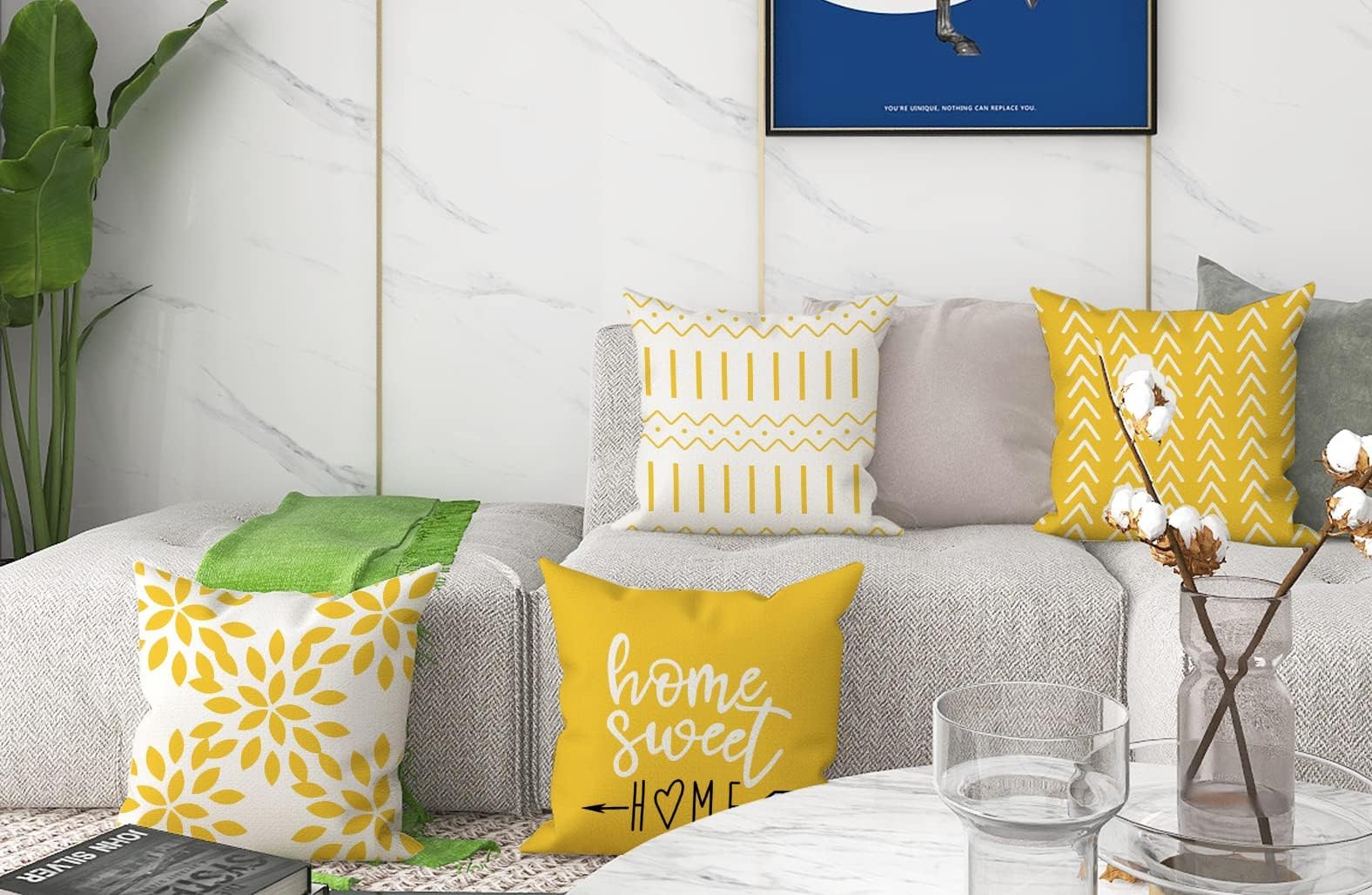 YCOLL Fundas de Cojín, Funda de Almohada del Sofá Throw Cojín Decoración Almohada Funda de Almohada de Lino de la Cubierta Decorativo para Sala de Estar Sofás 55 x 55cm Juego de 4 (Amarillo)