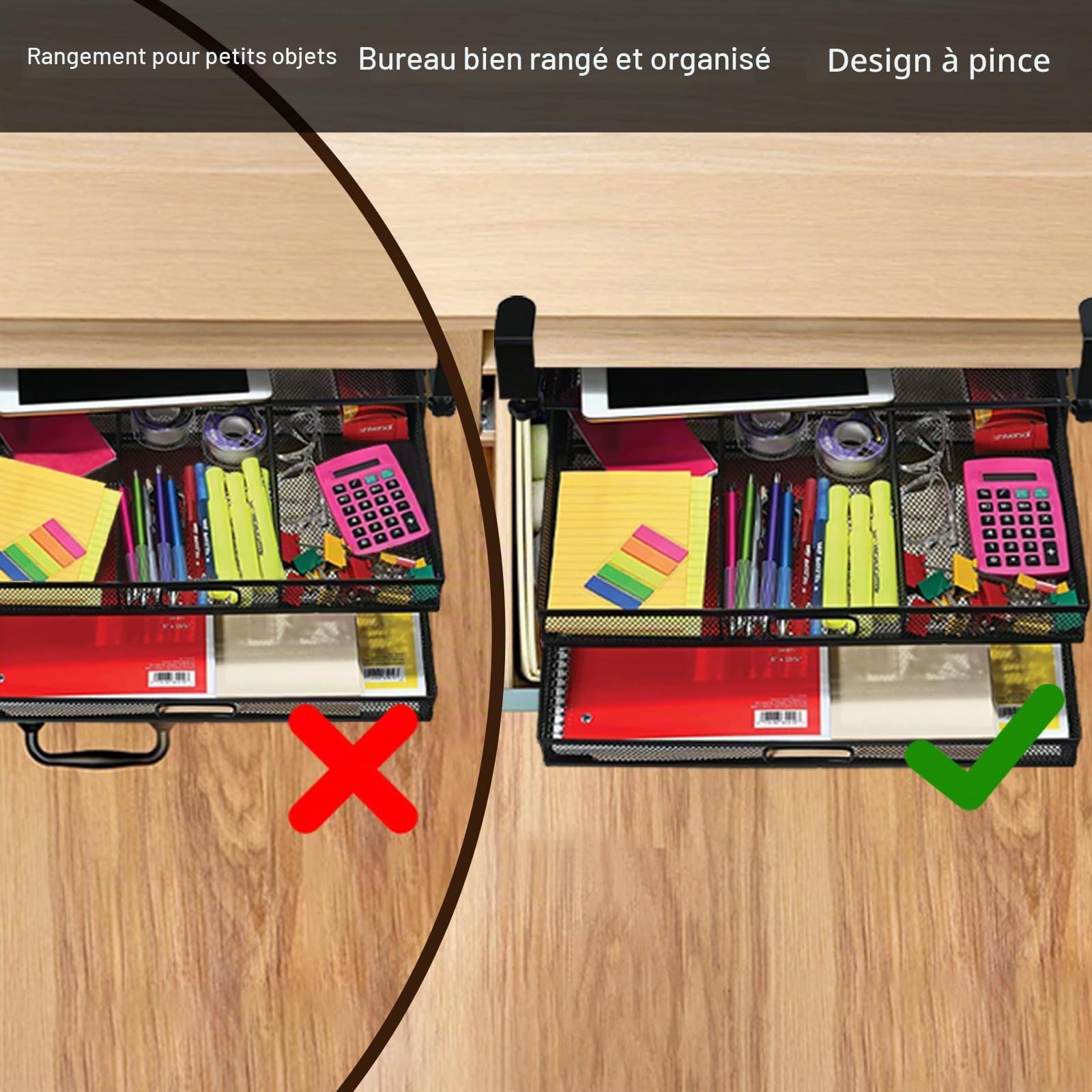 Organiseur de tiroir de bureau sans perçage,Tiroir coulissant sous bureau,Organiseur de Tiroir à Clipser en Maille,pour Maison, Fournitures d'Art