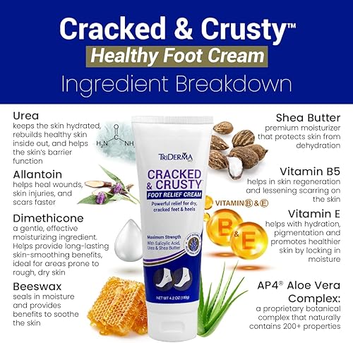 Miniatura 4 de TriDerma Cracked & Crusty™ Crema para pies saludables hidrata, suaviza y cura los pies secos, talones agrietados y codos secos con ácido salicílico,