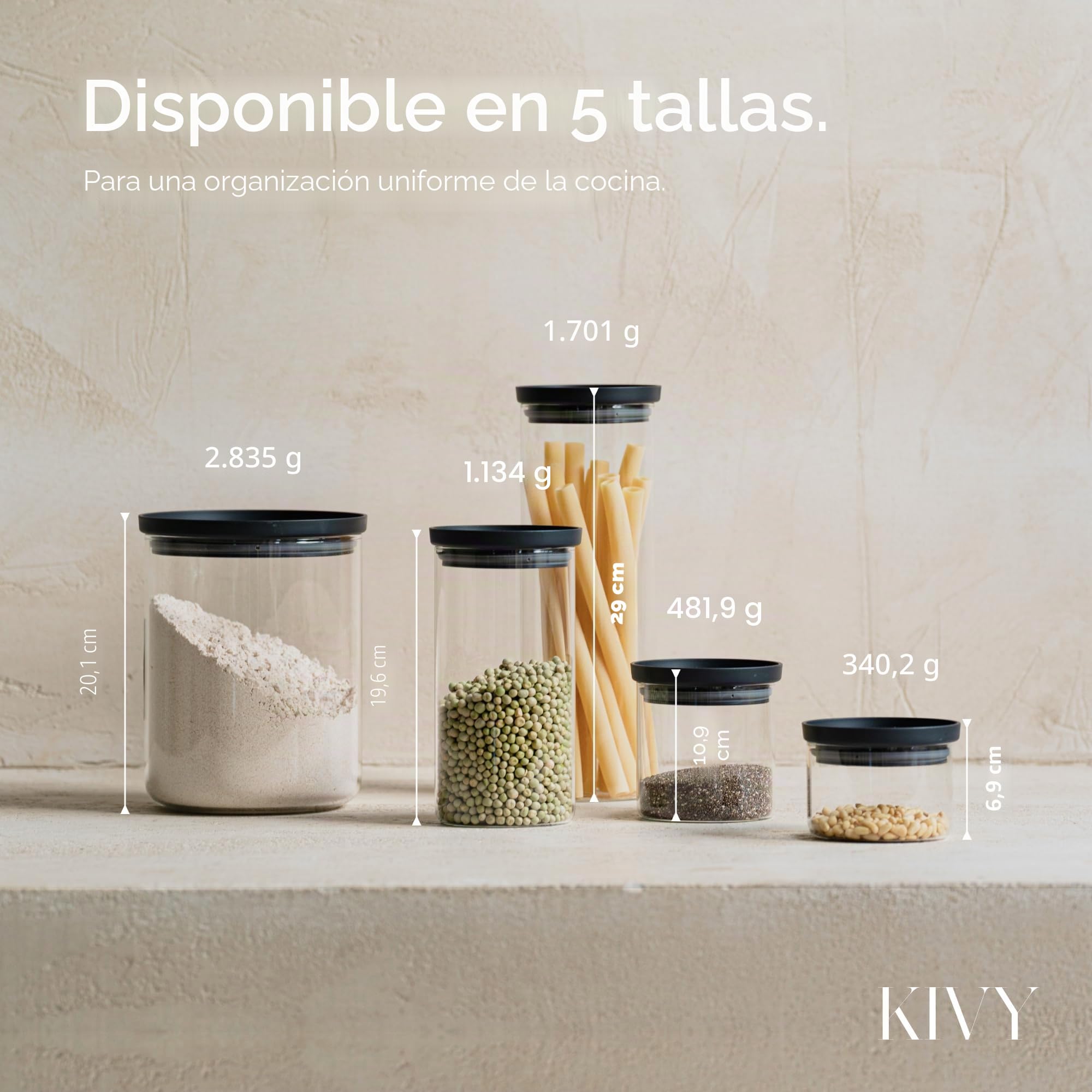 KIVY Tarros de almacenamiento de vidrio con tapa de vidrio transparente (4 * 17 onzas) - Diseño apilable - Apto para lavavajillas