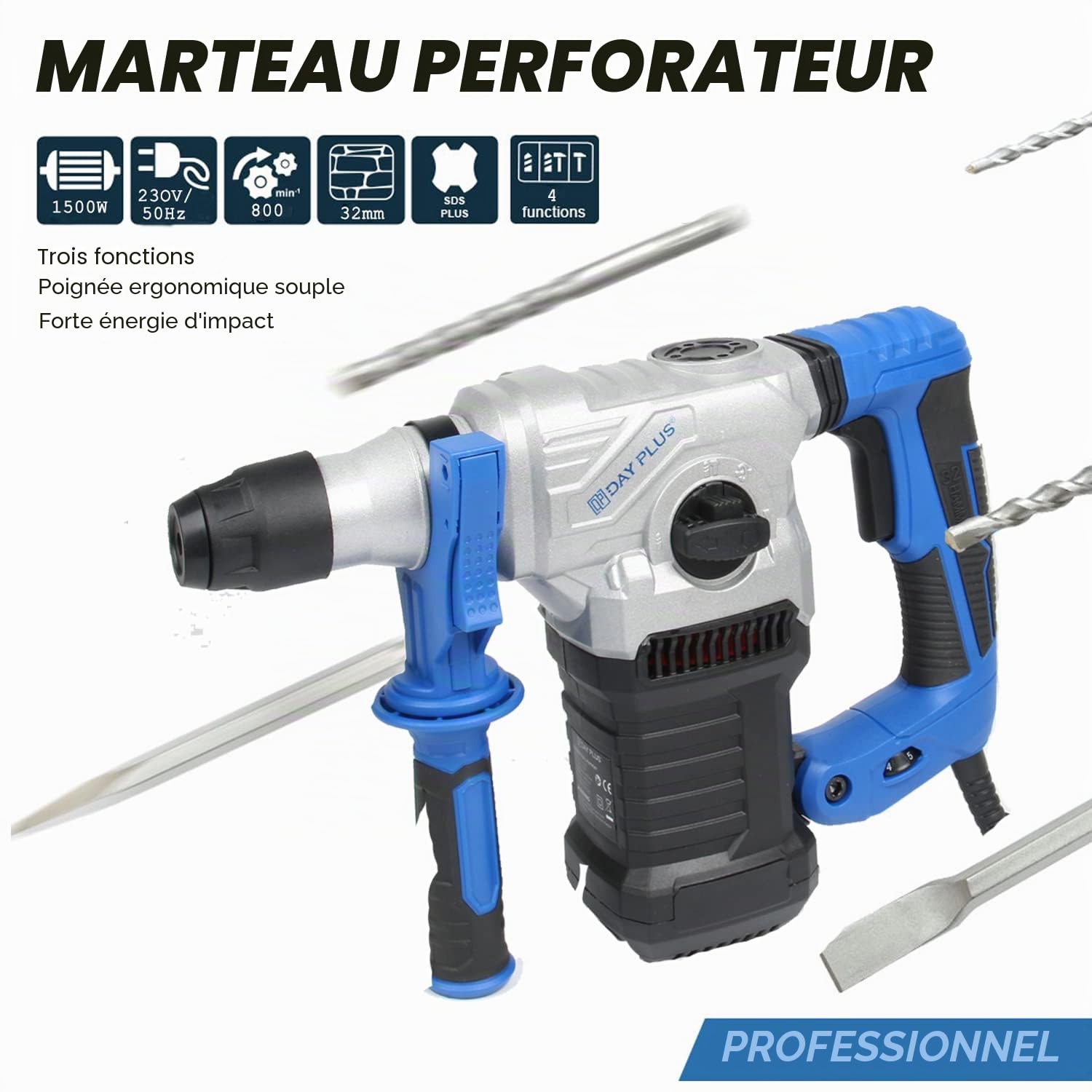 Perceuse à percussion filaire 1500W Marteau-perforateur électrique - Fonction Marteau et Foret 4 Modes - Guide de profondeur - Poignée latérale - Avec 12pcs Kit d'accessoires-Livrée en boite à outils
