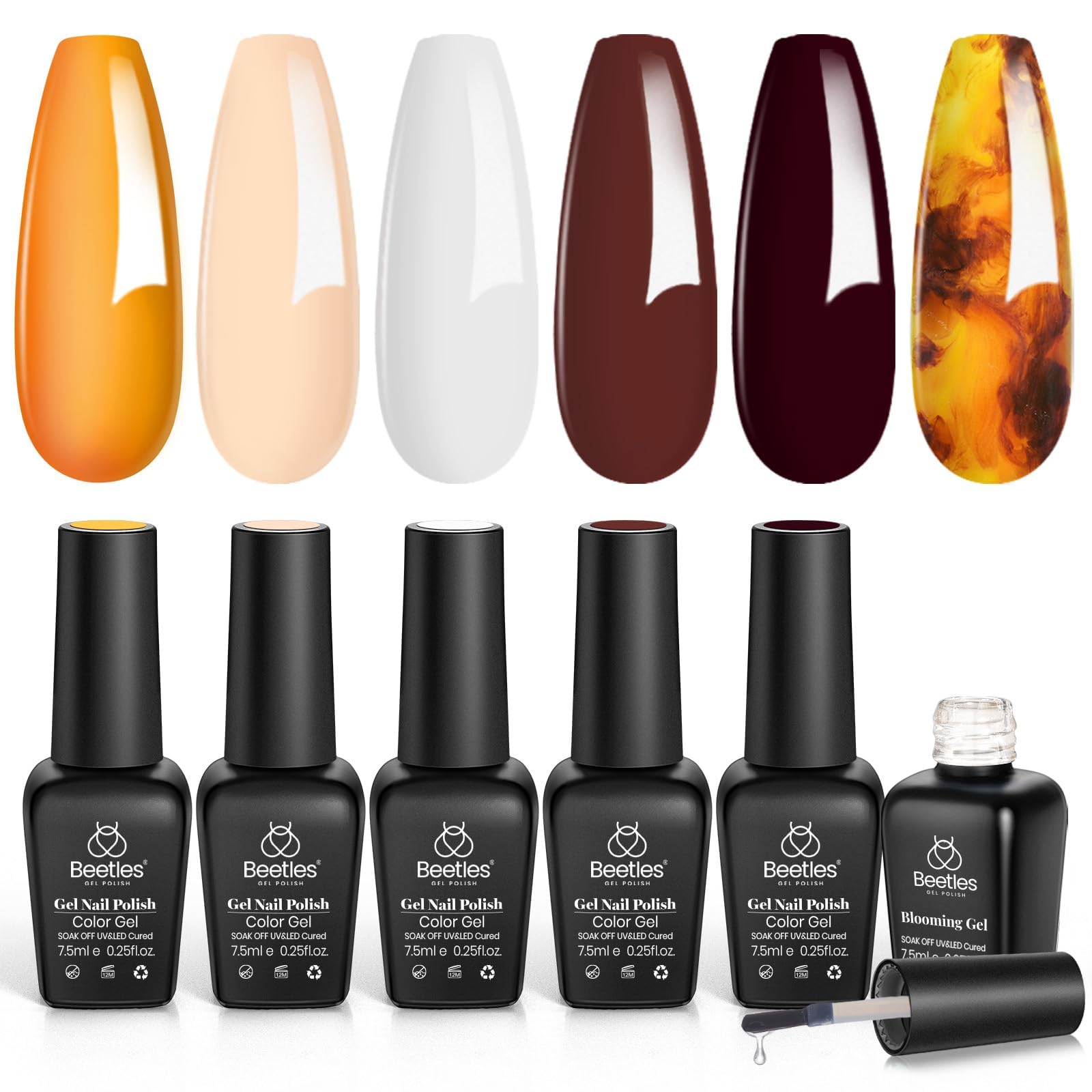 Beetles Winter Gel Polish with Blooming Gel - Amber Attraction 5 Colors Brown Gel Polish White Wine Winter Color Nail Polish Set Clear Blooming Polish Soak Off Uv Nail Art Christmas Gfit Set for Women