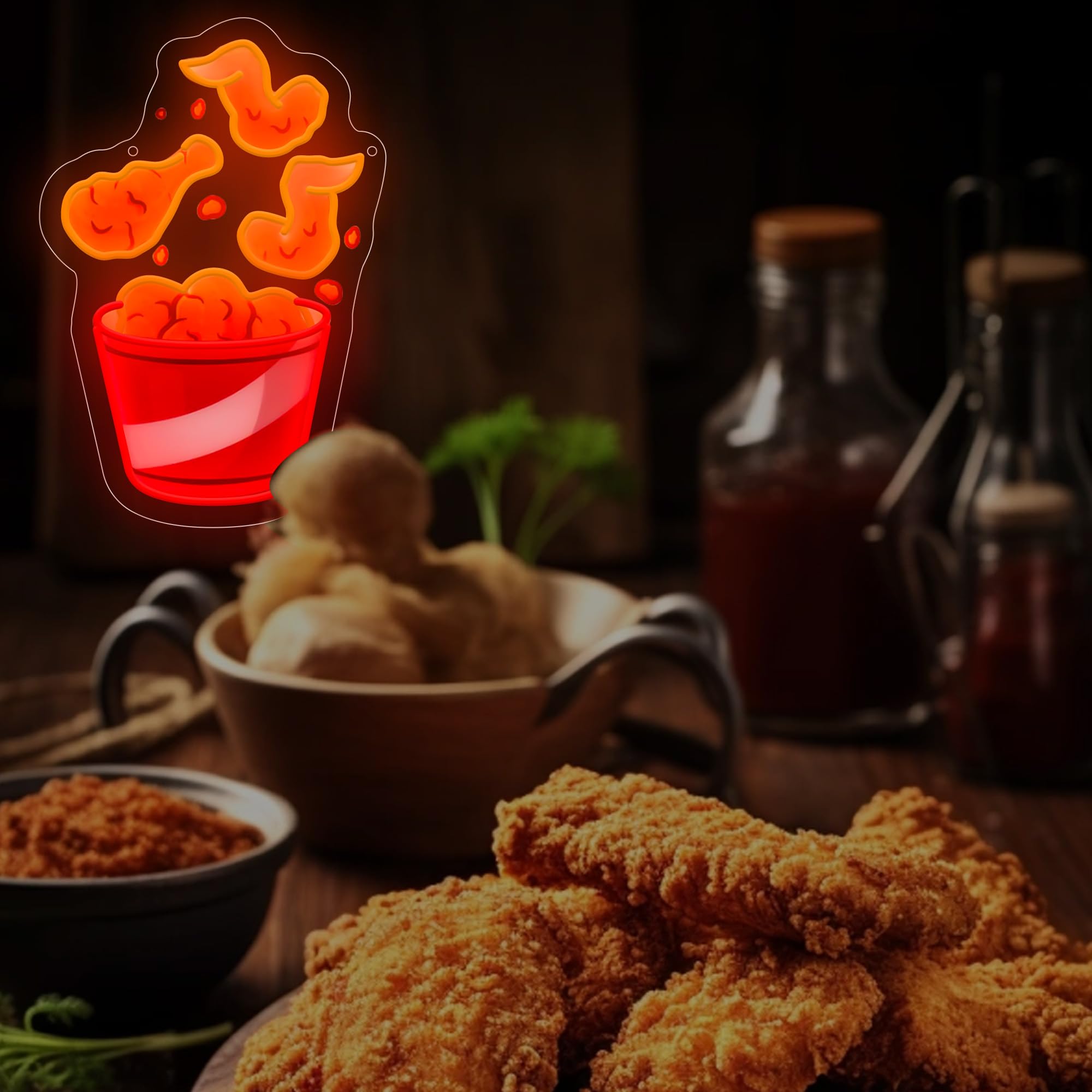 Insegna al neon con gamba di pollo fritto per la decorazione della parete della stanza del cinema, luce al neon stampata UV colorata, opera d'arte a LED per bar, camera da letto, sala giochi