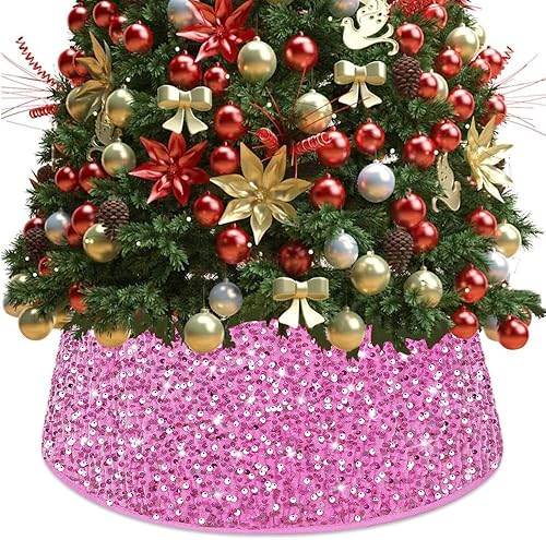 Collar de árbol de Navidad con lentejuelas, falda rosa para árbol de Navidad de 23.6 pulgadas, anillo de árbol de Navidad artificial, cubierta de