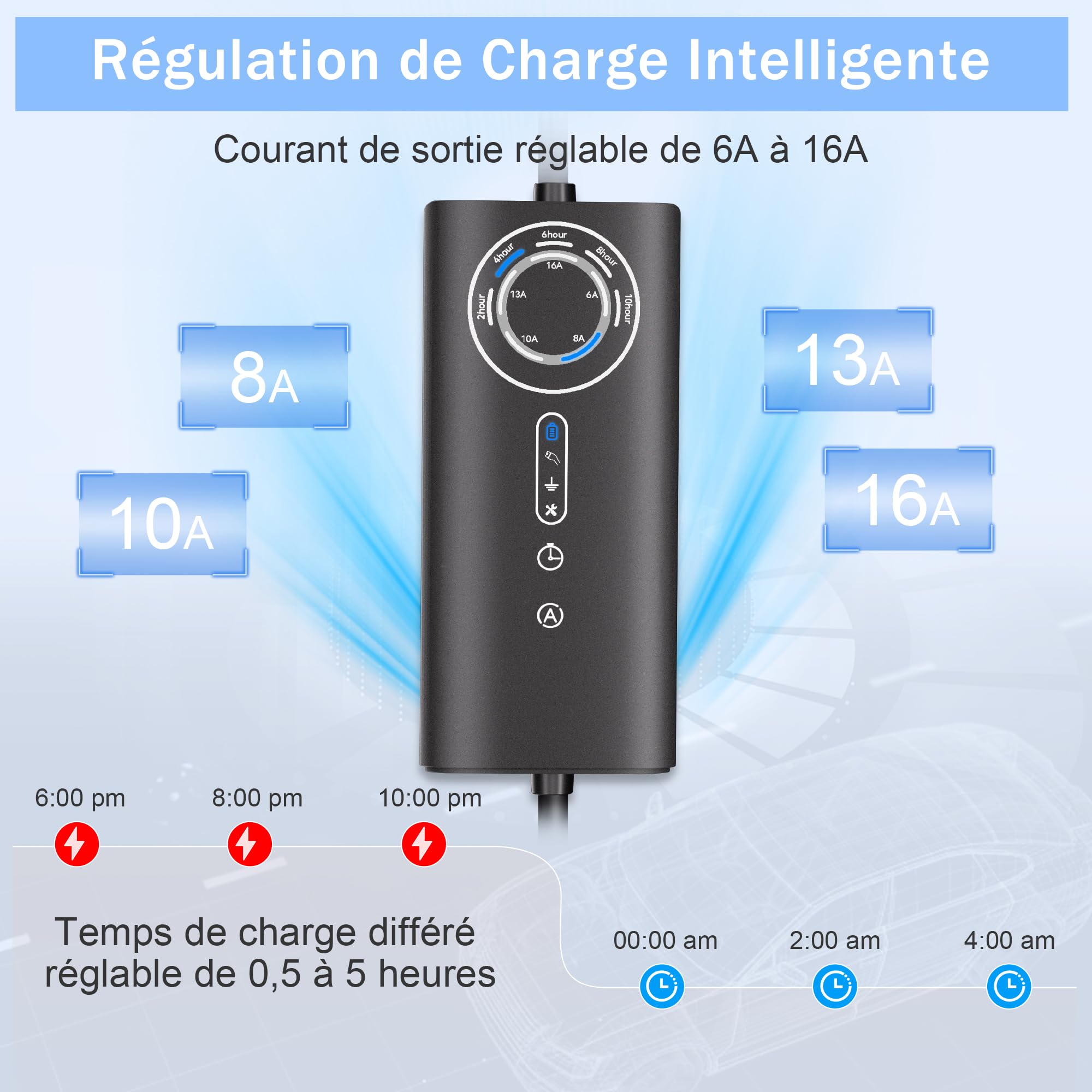 AWESAFE Chargeur Voiture Electrique [ 3,68 KW, 16A, 6m ] Courant Réglable 6-8-10-13-16A Prise Schuko avec Sac/Câble de Charge Type 2, Compatible avec E-208, Zoe, Spring, 500e, Model 3&Y et Autres BEV/