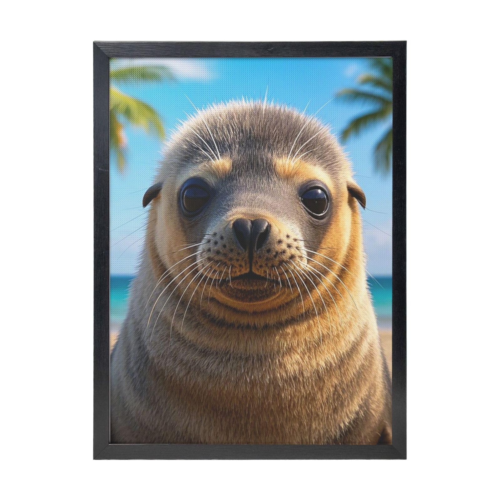 Framed Wall Art - Decorative Canvas Painting Cute Sea Lion Pictures Poster Aesthetic Modern Prints Artwork for Bedroom Office Wall Decor Ready To Hang 12x16 in