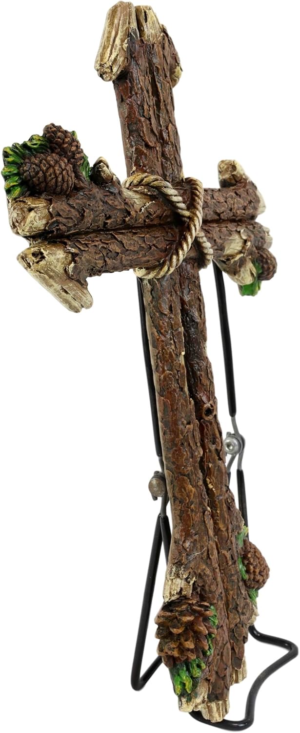 Ebros Gift 13.5" Tall Rustic Western Rugged Tree Logs With Pine Cones Wall Cross Decor Hanging Sculpture Catholic Christian Country Cabin Lodge Accent Decorative Crosses
