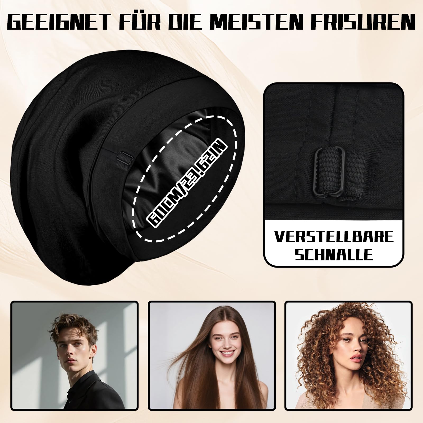 Notoke Cuffia in seta per dormire, nera satinata con fodera in seta, cappuccio per capelli ricci, cappello per dormire regolabile, per donne e ragazze, cura dei ricci di notte