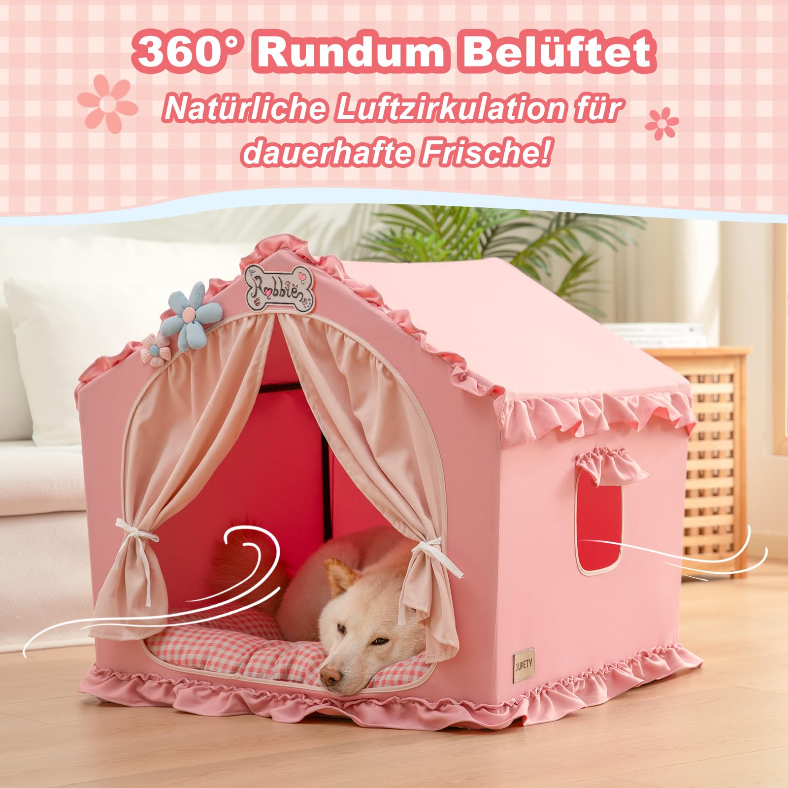 Jiupety Hundehöhle Hundehütte Indoor mit Rahmen, Waschbare, Zusammenklappbare Hundezelt, Hundehaus für Drinnen, Belüftbares Hundebett mit Dach für 9-18 kg, L Größe 64x64x64 cm, Pink