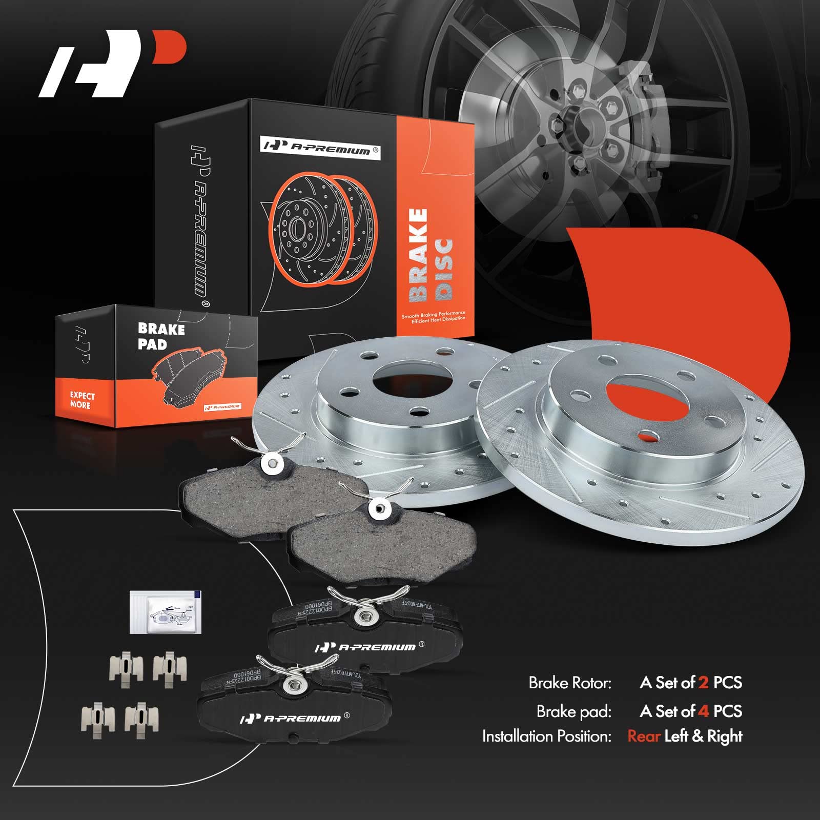 A-Premium 10.08 in (256mm) Rear Drilled and Slotted Disc Brake Rotors + Ceramic Pads Kit Compatible with Ford, Lincoln and Mercury Models - Taurus & Sable 1993-2005, Continental 1993-2002, 6-PC Set