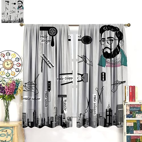Miniatura 3 de Cortinas opacas con patrón de salón de belleza, con bolsillo para barra, rústico, abstracto, peluquería, juego de tratamiento de ventana impreso en