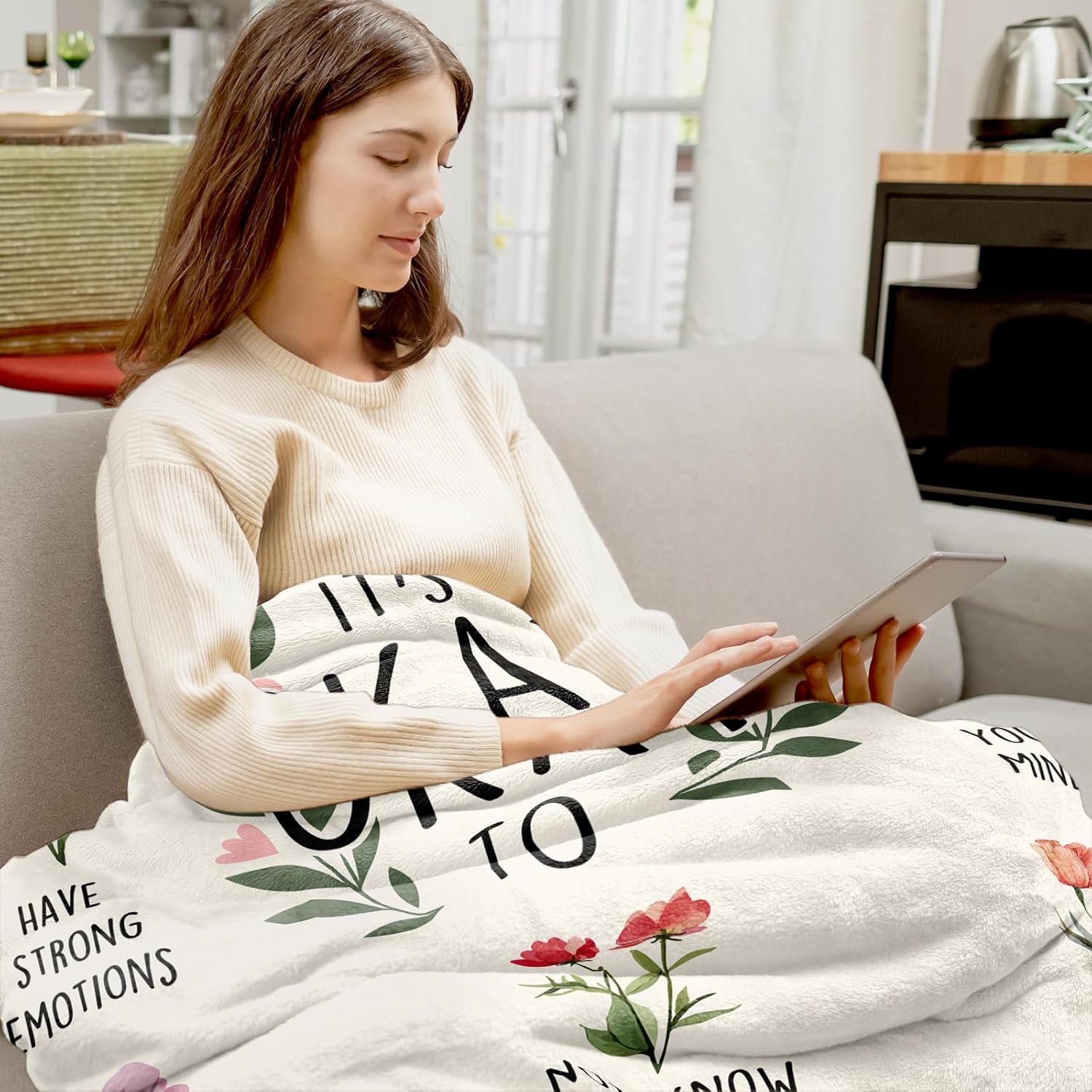 Inspirational Birthday Gifts for Women, Encouragement Gifts for women, Stress Relief, Mental Health, Christian Motivational Gift for Her Female, Positive Affirmation Blanket with Flowers 50'' x 60'' - Image 3