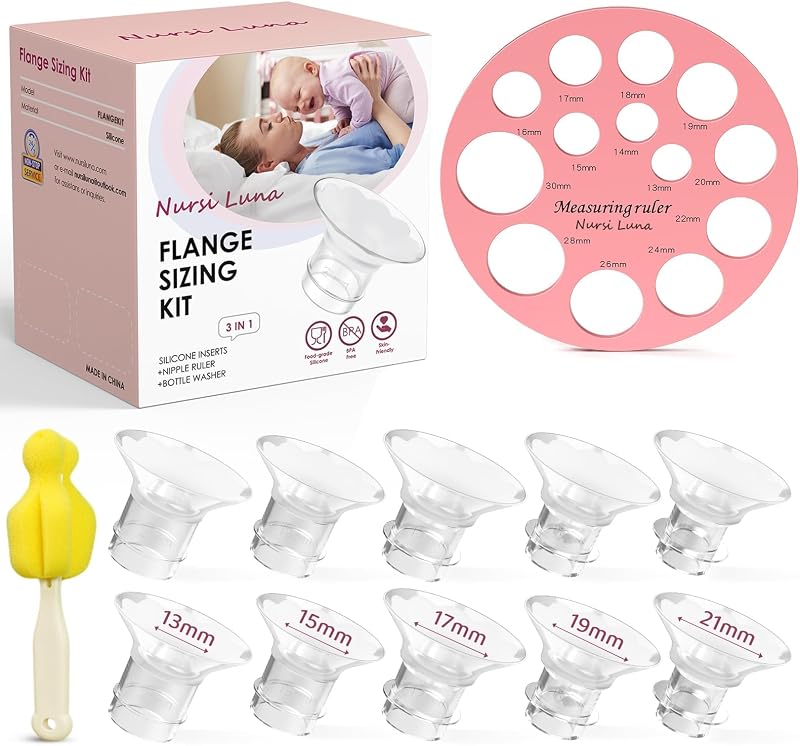 Nursi Luna Flange Sizing Kit, Flange Inserts for 24mm Breast Pumps, 10PCS | 13/15/17/19/21mm, Includes Nipple Sizer for Flanges to Find the Right Fit, Soft Silicone for Comfortable & Efficient Pumping