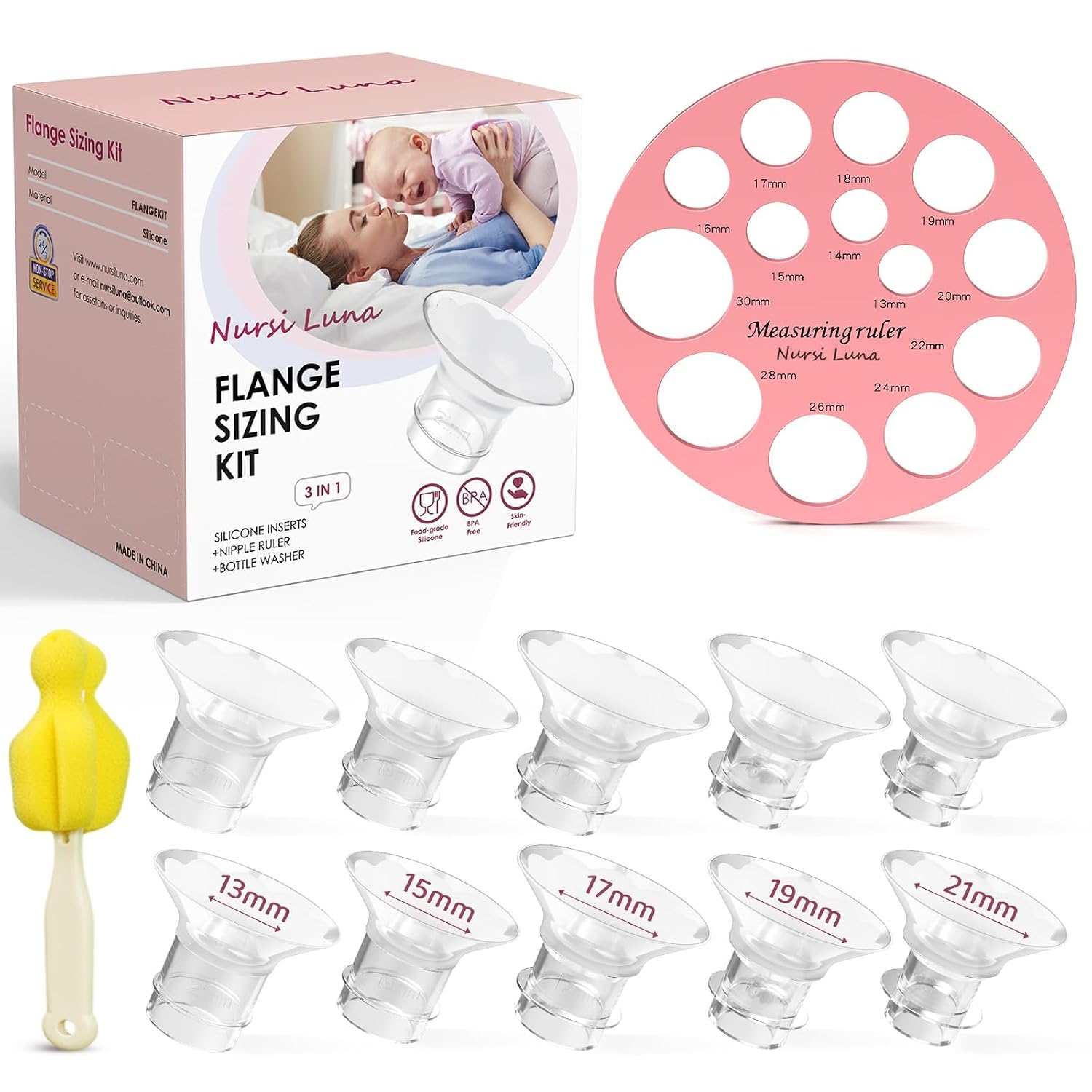 Flange sizing guide best value pick: insert-only kit with 10 silicone flange inserts in 13mm 15mm 17mm 19mm 21mm sizes for 24mm breast pump shields universal fit