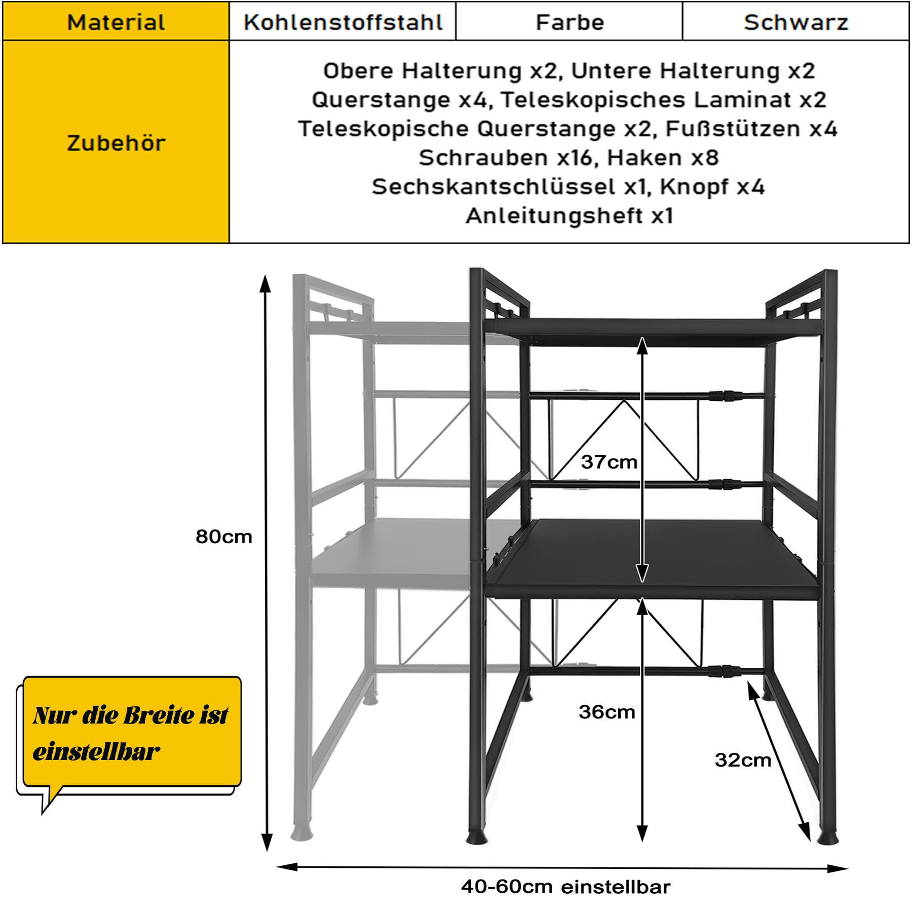 HENGMEI Mic Plank 3 Niveaus Uitbreidbaar Mic Plank Keuken Organisator met Opslagruimte voor Mic, zwart