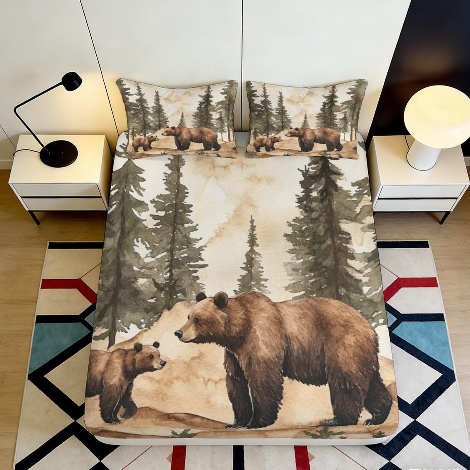 3D Printed Bear Forest Fitted Sheet Microfiber Deep Pocket Washable Elastic Hem Bedroom Bedding Bear Mattress Fitted Cover for Adults 140x200x25cm
