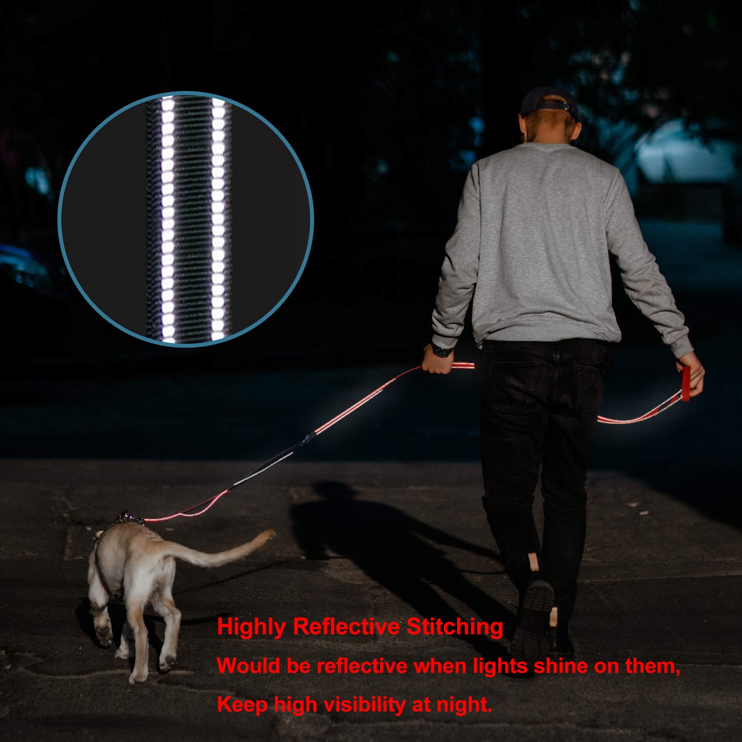 LOS ANDES Dog Leash Heavy Duty Dog Lead, 5 FT - 8 FT Double Handle Dog Leash,Traffic Leash with Strong Bungee and Car Seat Belt, Reflective Hand Free Walking Lead for Medium and Large Dogs Green