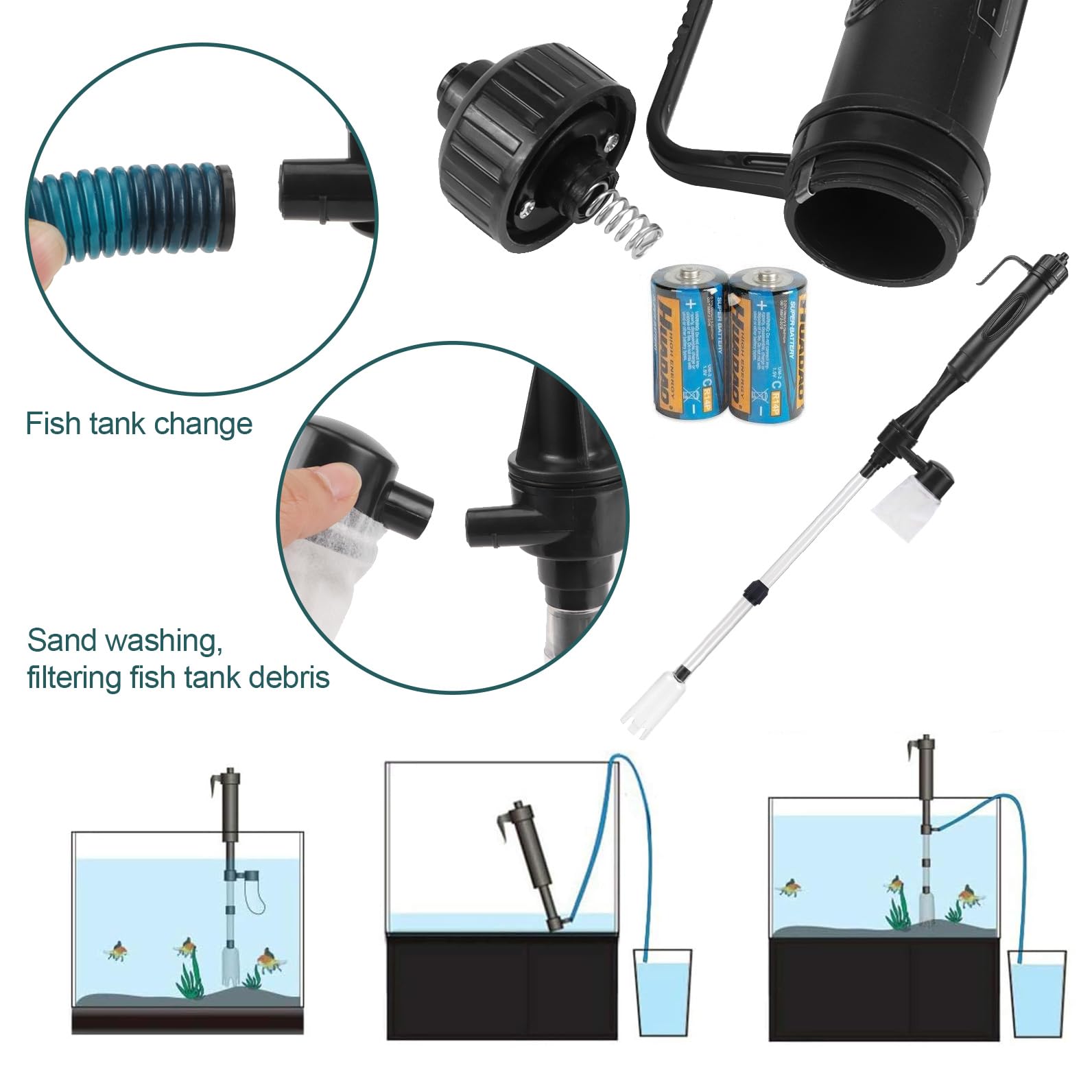JSMTKJ Aspirador Automático para Acuario Limpiador de Grava con Esponja de Filtro Limpiador de Grava para Acuario Multifuncional Cambiadores de Agua para Acuarios Medianos y Grandes
