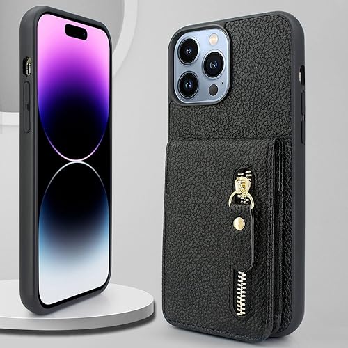 Miniatura 5 de Lacass Funda compatible con iPhone 15 Pro de 6.1 pulgadas, tarjetero con bolsillo con cremallera y función atril de cuero (negro)