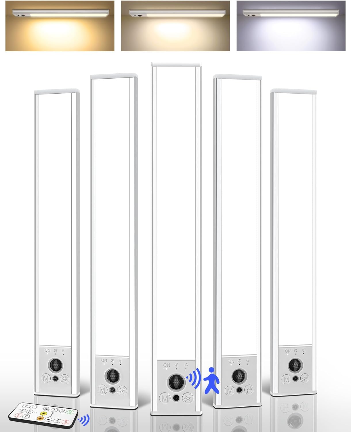 EZVALO 5 Pack Under Cabinet Lighting, 3200mAh Rechargeable Motion Sensor Light, 12inch Magnetic Closet Lights with Dimmable & 3 Color Temps, Wireless Motion Activated Lights with Remote for Kitchen 12inch 5Pack