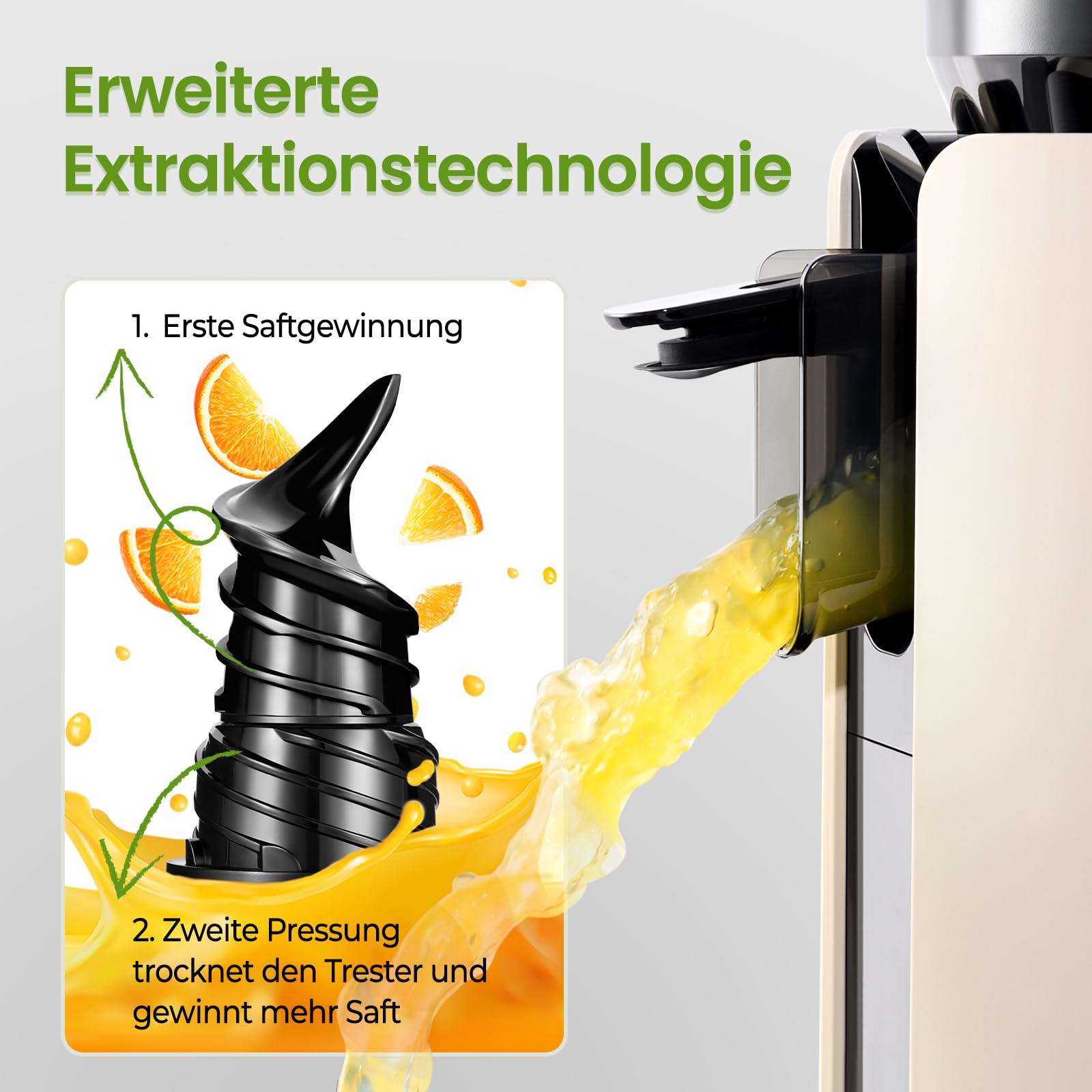 Ventray Ginnie Slow Juicer Entsafter | Elektrische Saftpresse mit 120mm Einfüllschacht für ganze Früchte & Gemüse | Doppelte Filterung | BPA-frei und einfach zu reinigen (Elfenbein)