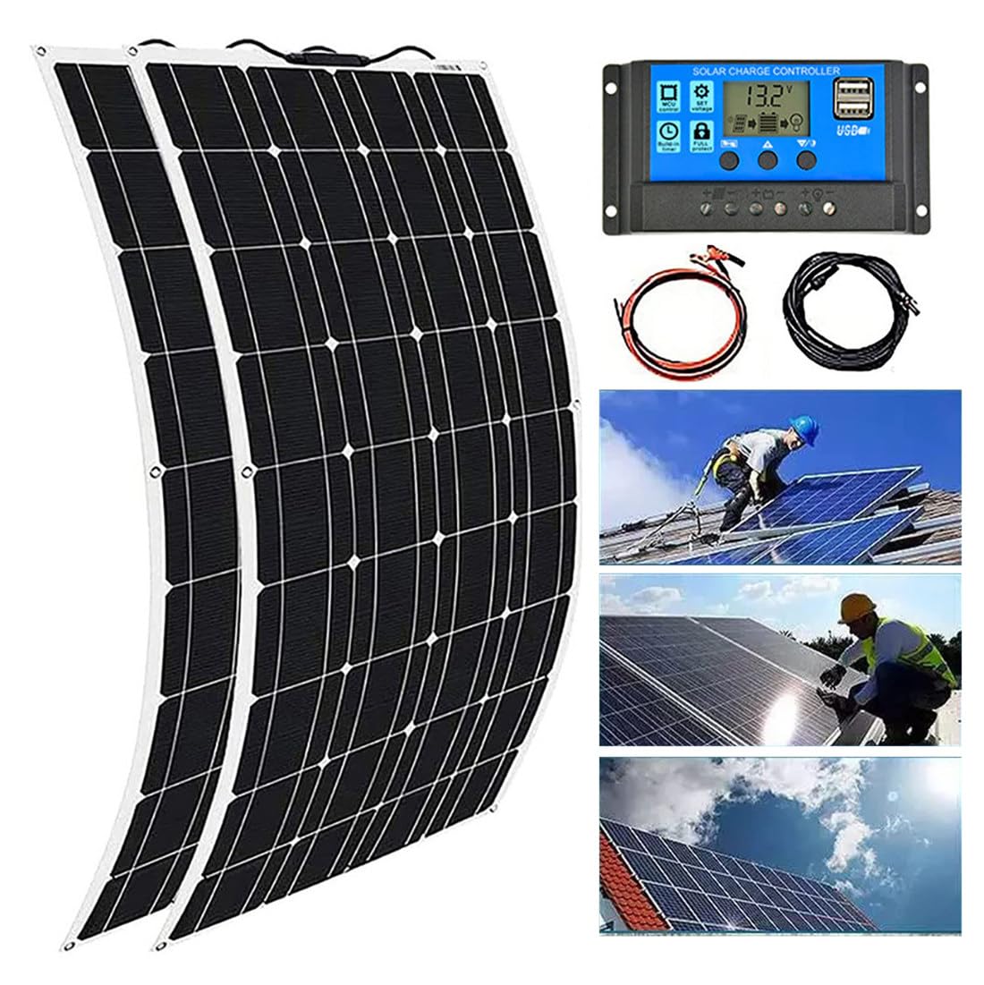 Kit Pannello Solare 18V 400W, 2 Pezzi Pannello Solare Flessibile Monocristallino Ad Efficienza off-Grid con Regolatore 30A/40A/50A/60A, per Tetto Camper Barca Auto 40A