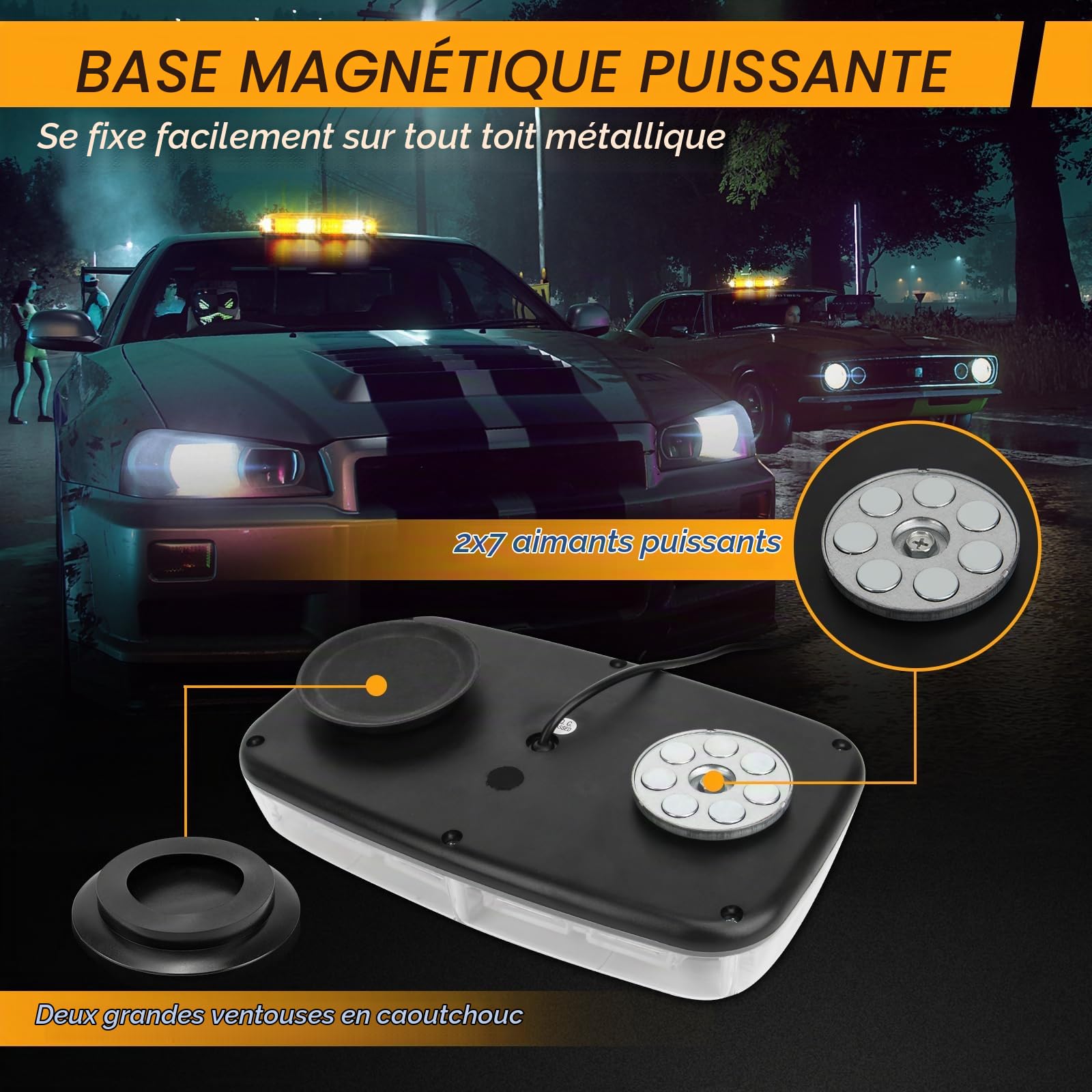 Gyrophare Magnetique LED pour Véhicule Voiture, 48W Lampe stroboscopique LED Orange 12V-24V Lampe d' Avertissement, avec 16 Flash Modes, 5m Câble Prise Allume-Cigare (Ambre& Blanc)