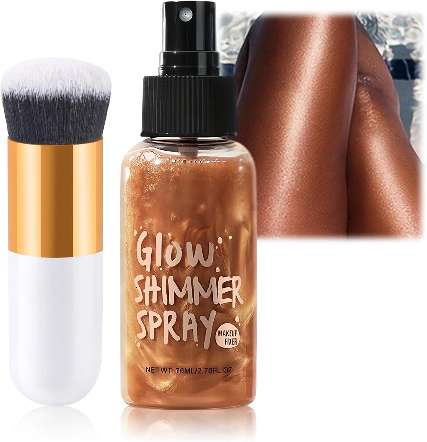 Bronze Gold Body Shimmer Oil Spray, Non-Sticky, Waterproof Formula. Lightweight, Face & Body Glow Illuminator. Includes Makeup Brush for Luminous Highlighter & Radiant Look