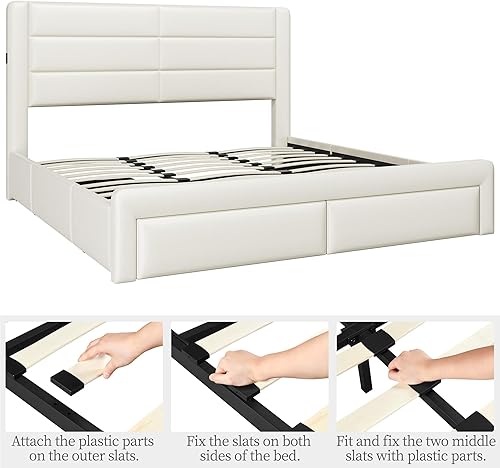 Miniatura 9 de Yaheetech Base de cama tamaño King con 2 estaciones de carga USBpuerto para cajones de almacenamiento tipo A y tipo C4, plataforma tapizada de cuero