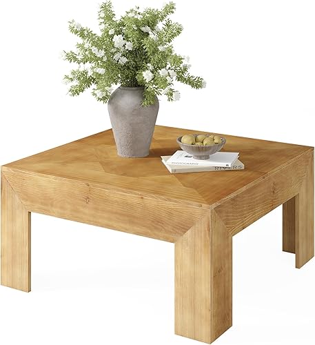 Miniatura 17 de LITTLE TREE Mesa de centro de madera maciza de 39.4 pulgadas, mesa de centro cuadrada con parte superior intrincada incrustada y patas resistentes,