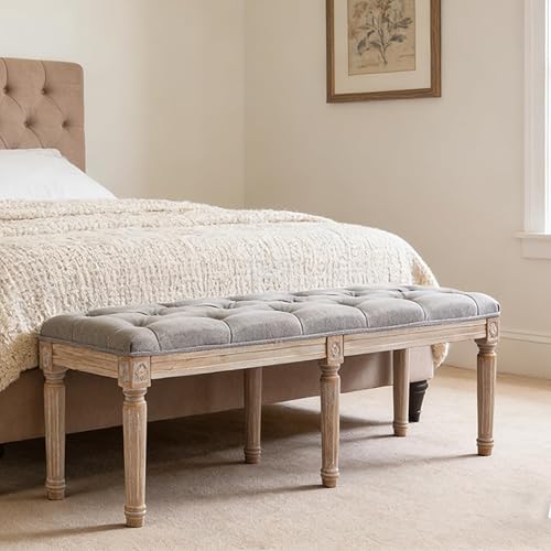 Miniatura 26 de Banco de entrada tapizado de tela, banco de piano copetudo para 2 personas, patas de madera de goma con hermoso patrón tallado para dormitorio, sala