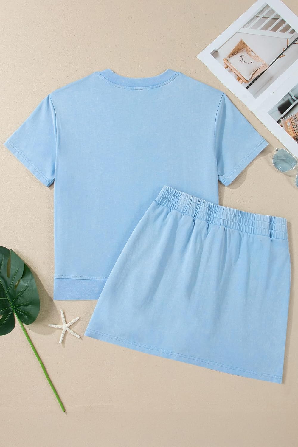 UONBOX Womens Summer 2 Piece Sets Sweatsuit Mineral Wash V Neck Tee Matching Split Mini Skort Set Casual Trendy Lounge Outfit