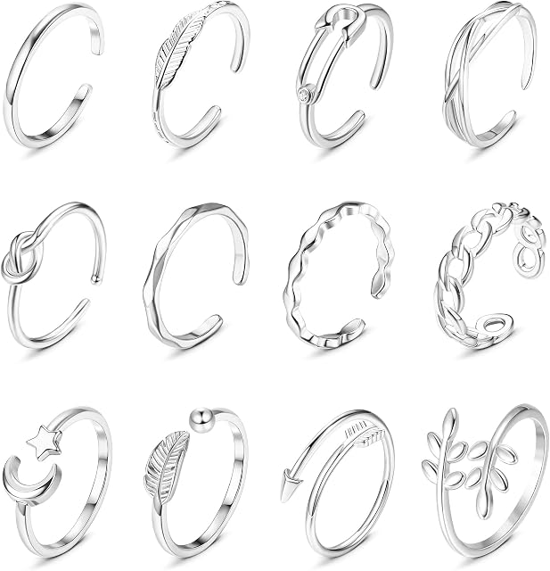 MILACOLATO 12 Pcs Rings For Women,Adjustable Rings Set Knot Adjustable Finger Ring, Open Joint Thumb Knuckle Rings for Women, Stackable Moon Tail Finger Vintage Rings Teens Girls Silver Plated Copper