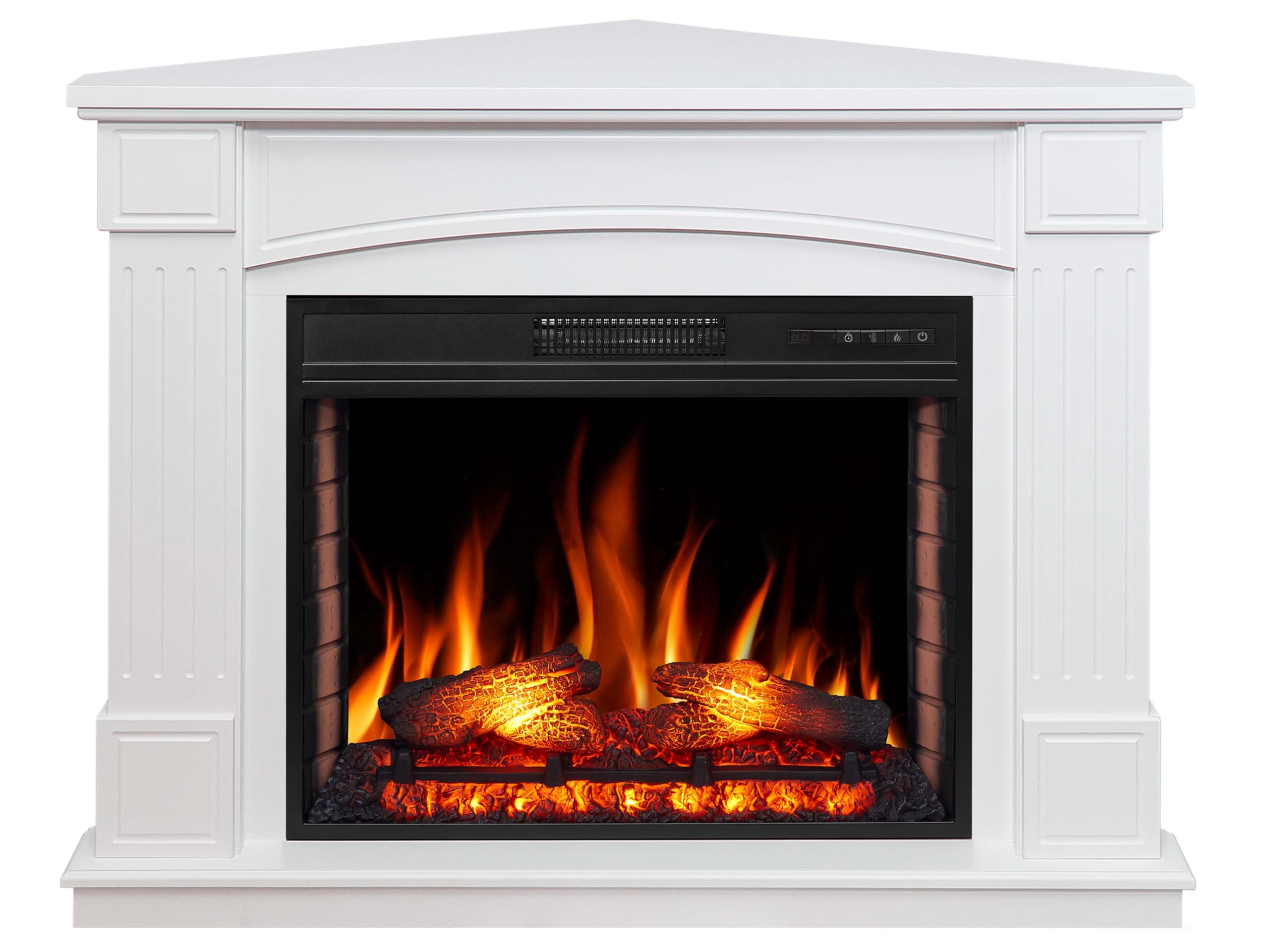 Boston Corner AF28S Caminetto elettrico con effetto fiamma a LED, legna realistica, riscaldamento fino a 30 m², risparmio energetico, installazione libera o ad angolo, bianco