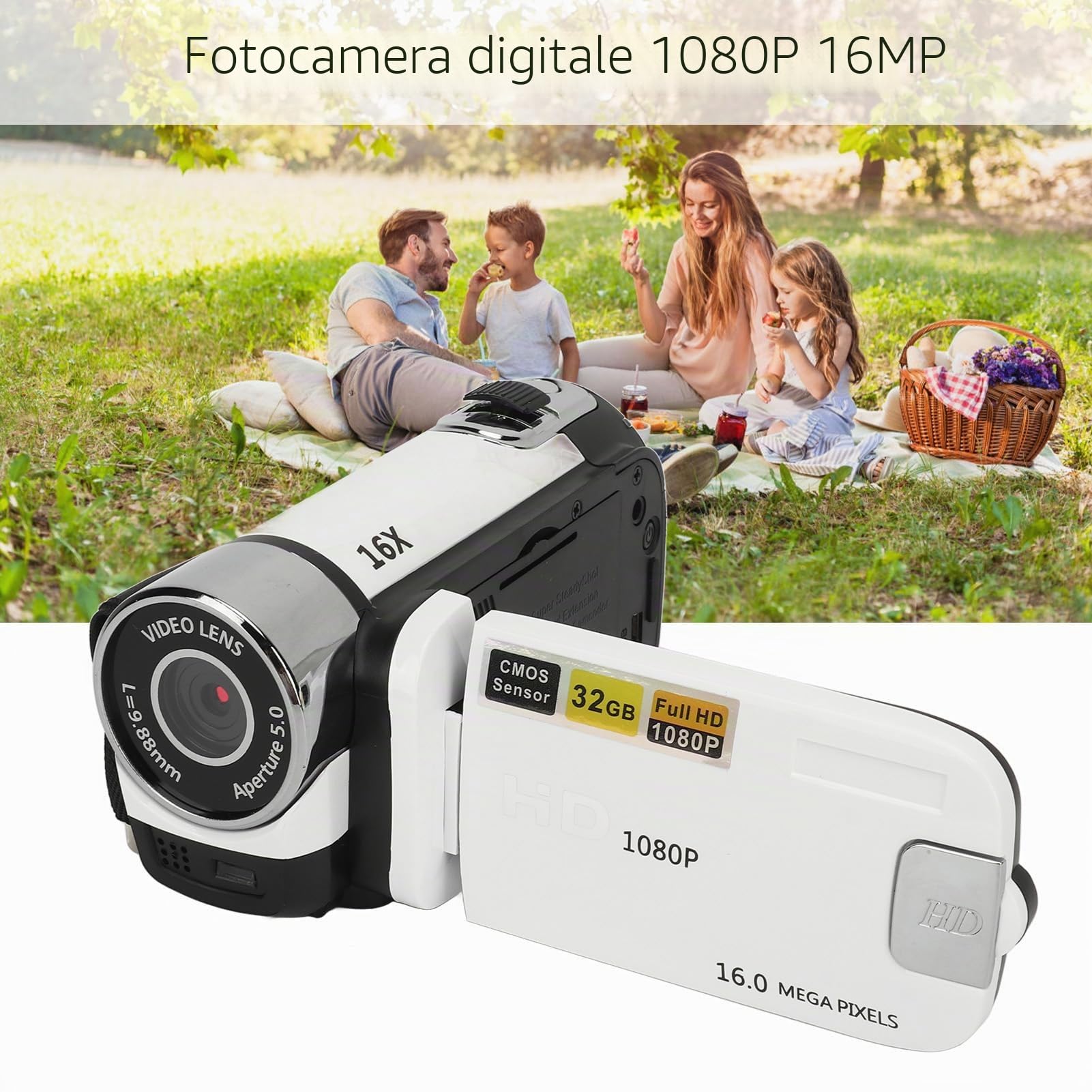 Camera Digitale Portatile da 2,4 Pollici da 16 MP, Videocamera a Schermo Rotabile HD 16x con Luce di Riempimento, Videocamera da Viaggio Compatta Registratore (WHITE)