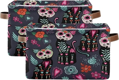 Miniatura 2 de AUUXVA Ombra Cesta de almacenamiento para el día de los muertos, diseño de calavera de azúcar, caja de almacenamiento de flores, lona duradera,