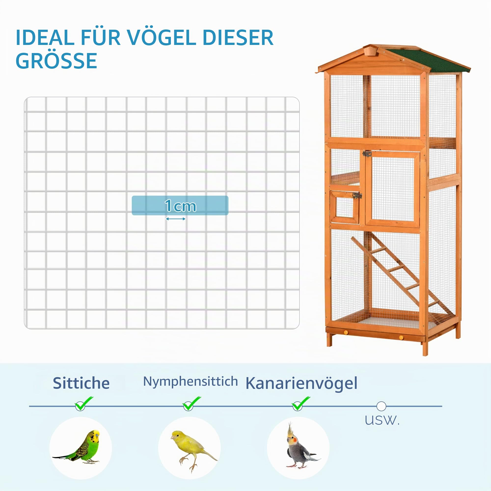 PawHut Vogelkäfig aus Fichtenholz und Metallgitter, Vogelvoliere für den Außenbereich mit 2 Türen, Asphaltdach und herausnehmbarer Schale, 68 x 63 x 165 cm, orange | Tannenholz und Metallgitter, Vogelvoliere, Dach aus Asphalt, herausnehmbares Tablett