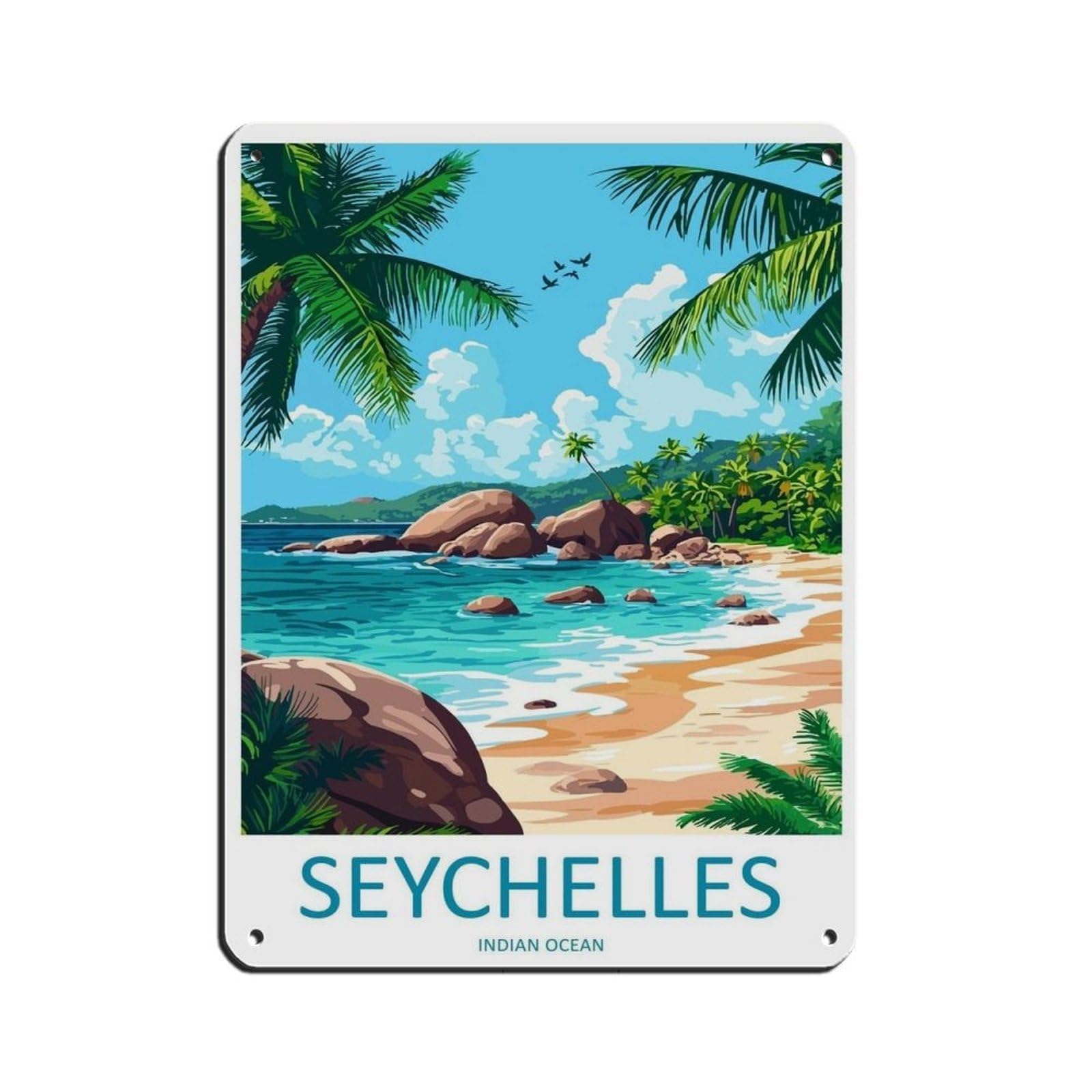 Seychelles Travel Poster Indian Ocean Art Retro Poster Metal Tin Sign Chic Art Retro Iron Painting Bar People Cave Cafe Family Garage Poster Wall Decoration 12x16inch(30x40cm)