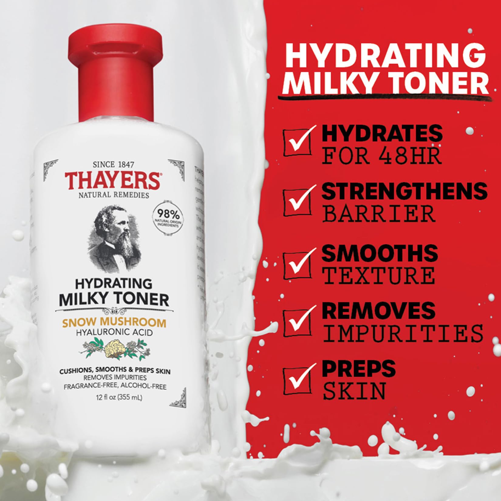 Thayers Milky Face Toner with Snow Mushroom and Hyaluronic Acid, Natural Gentle Facial Toner, Dermatologist Tested - Image 2