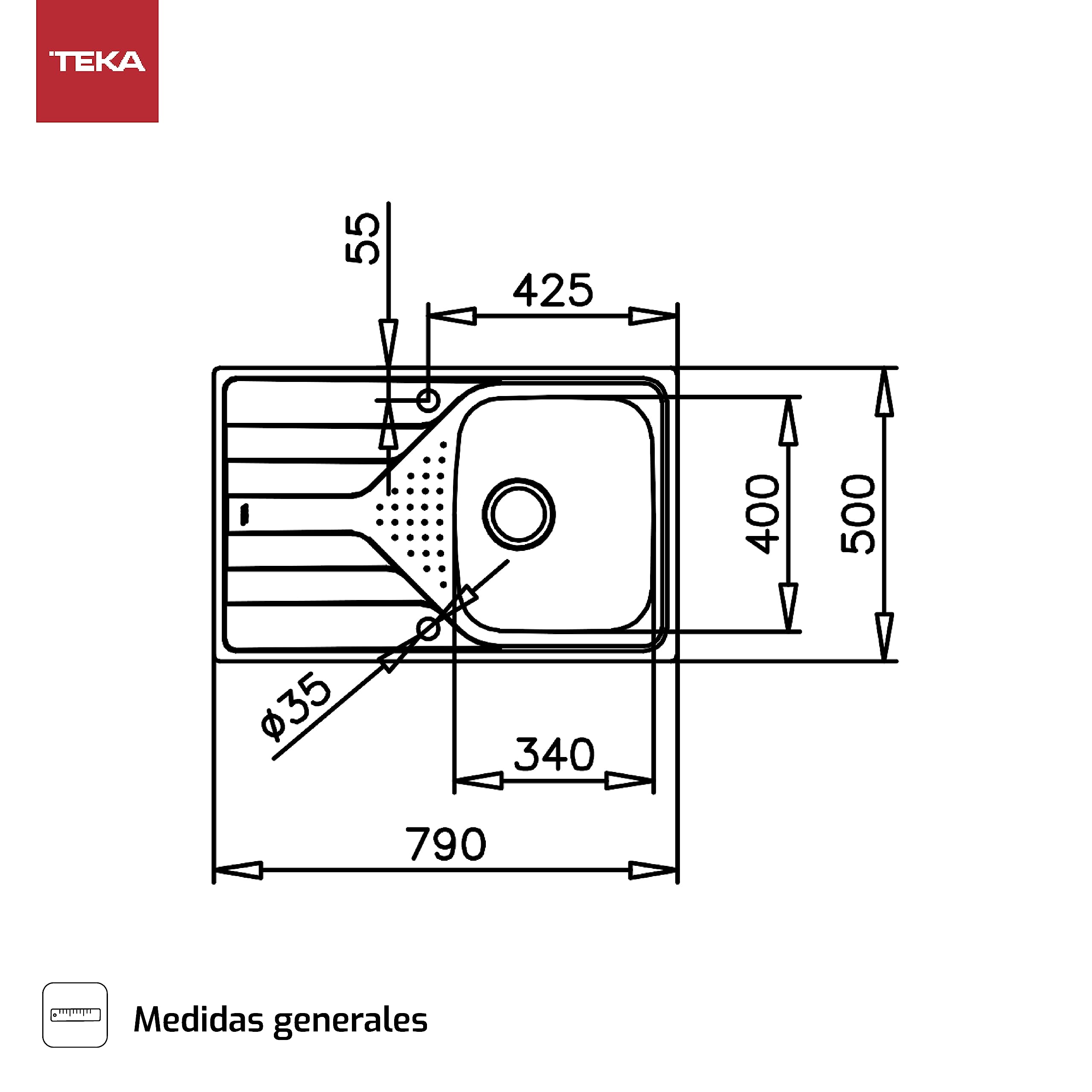 TEKA Fregadero Encastrado 1 Cubeta Acero Inoxidable 45 cm Escurridor Reversible Universe 45 T-XP 1C 1E