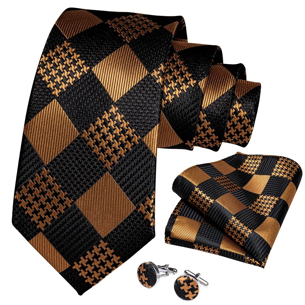 Caja de Regalo Conjunto de Corbata para Hombre Boda Formal Negocios Paquete de 3 Corbata para Hombre en Negro, Dorado y Verde, Gemelos y pañuelo