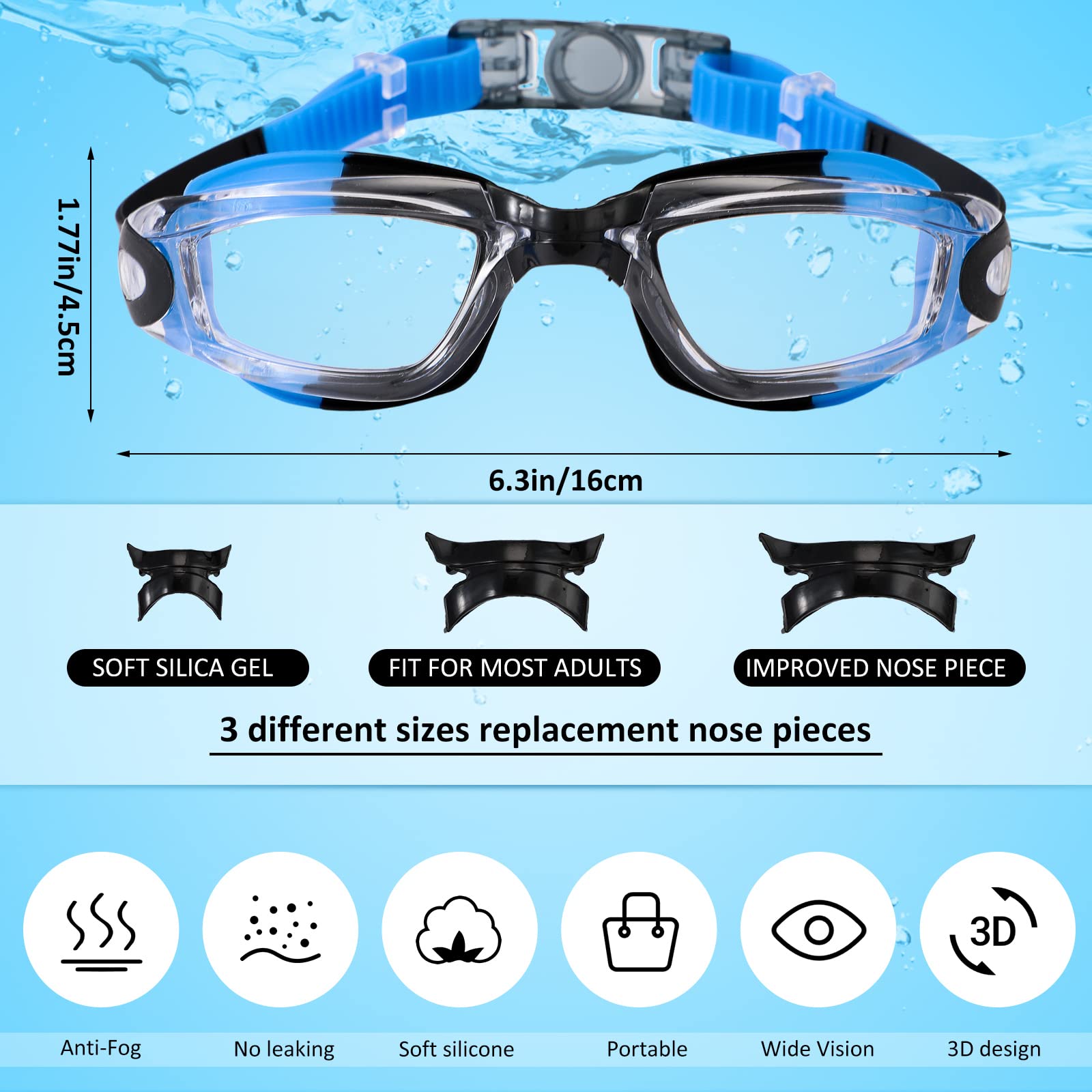 Kanayu 6 Pairs Swimming Goggles Pack No Leaking Swim Glasses with Nose Bridge Nose Clip Earplugs Anti Fog Full Protection Pool Goggles Swimming Goggles for Adult Men Women Youth